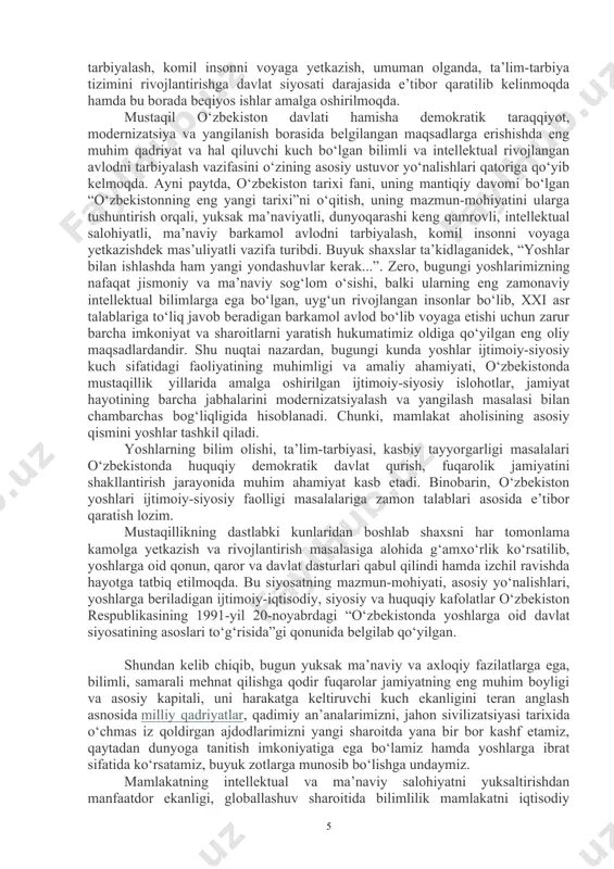 lan har tomonlama integratsiyasini, xalqaro munosabatlar, xavfsizlik, millatlararo totuvlik va diniy bag‘rikenglikni ta’minlash, tinchliksevar tashqi siyosat kabi masalalarning ilmiy va amaliy ahamiyati ochib beriladi. “o‘zbekistonning eng yangi tarixi” fanini o‘qitishning maqsadi – mustaqillik yillarida o‘zbekiston respublikasida yuz bergan muhim o‘zgarishlar, tub islohotlarning mazmun-mohiyatini ko‘rsatish va jamiyat hayotida aholining, jumladan, talaba-yoshlarning o‘rnini, o‘zligini anglatishdan iborat. o‘zbekistonning eng yangi tarixi” fanini o‘qitishning vazifalari – mustaqillikka erishish arafasida o‘zbekistonda yuzaga kelgan murakkab vaziyatni hamda mustaqillik yillarida davlat boshqaruvi, ijtimoiy-iqtisodiy, siyosiy va ma’naviy hamda boshqa sohalardagi islohotlarning mazmun-mohiyatini talabalarga tushuntirib berish, ularni vatanga sadoqat va muhabbat ruhida tarbiyalash hamda milliy g‘ururni shakllantirishdan iborat. “o‘zbekistonning eng yangi tarixi” fanini o‘rganishning nazariy-uslubiy asoslari o‘zbekistondagi ijtimoiy-siyosiy jarayonlar va murakkab vaziyatlar tarixini, shuningdek mustaqillik yillarida davlat boshqaruvi, ijtimoiy-iqtisodiy, siyosiy va ma’naviy hamda boshqa sohalardagi islohotlarning mazmun-mohiyatini yoritishda ilmiy tadqiqotlar olib borishning ilmiylik, tizimlilik, tarixiylik, ob’ektivlik va qiyosiy tahlil usullaridan foydalanildi. 3. mustaqillik tufayli o‘zbekistonda milliy, demakki, ma’naviy-ruhiy erkinliklarga …