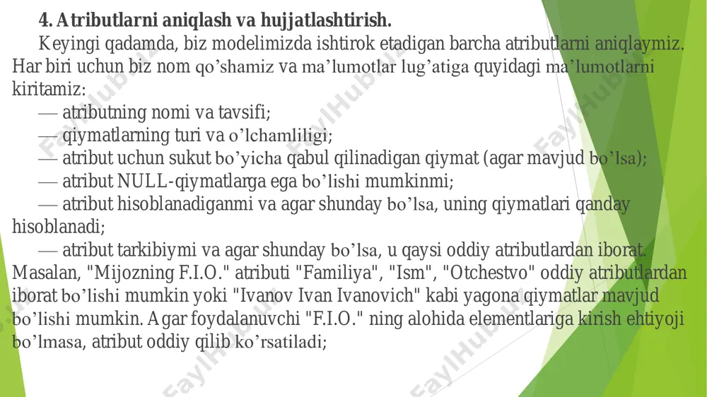 lari tomonidan cheklanishi mumkin. ularni amalga oshirish usuli tanlangan dbmsga bog’liq. har bir tizimning o’ziga xos imkoniyatlari mavjud. ba’zi tizimlarda umuman biznes qoidalarini qo’llab-quvvatlash mavjud emas. bunday holda, cheklovlarni amalga oshirish uchun ilovalar ishlab chiqiladi. biznes mantiqasi bilan bog’liq barcha qarorlar qo’shimcha hujjatlarda tavsiflanadi. 3. ma’lumotlar bazasining fizika tashkilotini loyihalash. bu yerda biz jadvallar uchun eng yaxshi fayl tashkilotini tanlaymiz. tranzaksiyalarni aniqlab, eng muhimlarini ajratib ko’rsatamiz, shuningdek, ularning o’tkazuvchanligini tahlil qilamiz, ya’ni kutish vaqti, tranzaksiyalarni bajarish oralig’i va hokazo. albatta, biz javob berish tezligini oshirishga harakat qilamiz (ya’ni, javob uchun sekunt sonini qisqartirishga). agar zarurat bo’lsa, indekslarni qo’shish, normallashuv darajasini pasaytirish yoki ma’lumotlar bazasiga ta’sir ko’rsatadigan boshqa ishlashni optimallashtirish operatsiyalari amalga oshiriladi. muhim ishlar orasida, ma’lumotlar bazasi uchun zarur bo’lgan disk xotirasi hajmini baholash ham unutilmasligi kerak.