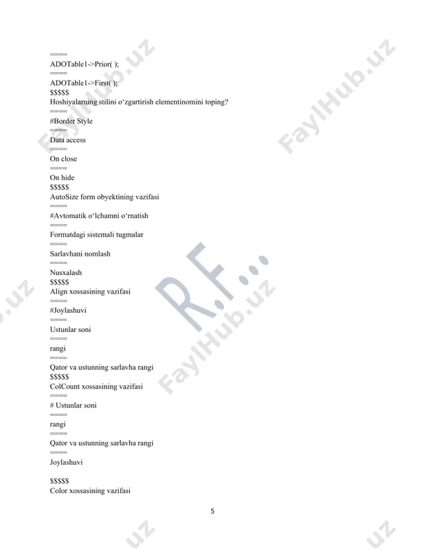 ell.olepropertyset("orientation",90); ==== vvarcell.olepropertyget("orientation",90); ==== vvarsheets.olepropertyset("orientation",90); ==== vvarapps.olepropertyset("orientation",90); $$$$$ c++ builder orqali excel dasturi yacheykasi ma’lumotini rangini o‘rnatish buyrug‘i to‘g‘ri berilgan javobni toping! ==== #vvarcell.olepropertyget("font").olepropertyset("color",clblue); ==== vvarcell.olepropertyset("font").olepropertyget("color",clblue); ==== vvarcell.olepropertyinsert("font").olepropertyset("color",clblue); ==== vvarcell.olepropertyget("font").olepropertyprint("color",clblue); $$$$$ c++ builder orqali excel dasturi yacheykasi ma’lumotiga qalin (полужирный) stilni o‘rnatish buyrug‘ini toping! ==== #vvarcell.olepropertyget("font"). olepropertyset("bold",true); ==== vvarcell.olepropertyfix("font"). olepropertyset("bold",true); ==== vvarsheet.olepropertyset("font"). olepropertyset("bold",true); ==== vvarapps.olepropertyget("font"). olepropertyset("bold",true); $$$$$ c++ builder orqali excel dasturi yacheykasiga matn yozish buyrug‘ini toping! ==== #olepropertyset("value", "bizning matn"); ==== olepropertyget("value", "bizning matn"); ==== oleproperty("value", "bizning matn"); ==== oleproperty("value", "bizning matn"); $$$$$ c++ builderda label komponentasida matn chiqarish uchun qanday amallar bajariladi? ==== #label1->caption = “matn”; ==== edit1-> text = “matn”; ==== label1->text = “matn”; ==== edit1-> caption = “matn”; $$$$$ c++ builderda edit1 komponentasida matn chiqarish uchun qanday amallar bajariladi? ==== #edit1-> text = “matn”; ==== label1->caption = “matn”; ==== label1->text = “matn”; ==== edit1-> caption = “matn”; $$$$$ c++ builderda adotable yordamida jadvaldagi birinchi yozuvga o‘tish …