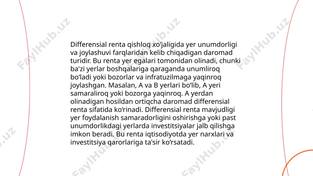 zbekiston davlat byudjeti daromadlari 147 trillion soʻmni tashkil etdi, bunda soliq tushumlari 90%ni qamrab oldi. misol uchun, qoʻshilgan qiymat soligʻi stavkasi 15%ni, jismoniy shaxslar daromad soligʻi esa 12%ni tashkil qiladi. oʻzbekistonda renta daromadlari koʻpincha yer resurslari, masalan, konlarda qazib olinuvchi tabiiy boyliklar, bilan bogʻliq va ulardan tushadigan soliq tushumlari iqtisodiyotga ta'sir koʻrsatadi. ... t.me/slaydai_bot 13. yer rentasini baholash usullari 13-yillik rentasini baholash usullari turli xil moliyaviy vositalardan foydalanib, kelajakdagi daromadlarni baholashga qaratilgan. bunday baholashda asosiy usullar kiritilgan: tahliliy usul, diskontlangan pul oqimi (dpo) usuli va bozor taqqoslash usuli. tahliliy usul orqali kelajakdagi daromadlar beshta asosiy omil asosida aniqlanadi: vaqt, foiz stavkasi, inflyatsiya koeffitsienti, daromad o‘sishi va qo‘shimcha xarajatlar. dpo usuli, odatda, har yili olinishi mumkin bo‘lgan naqd pul oqimlarini hisoblab chiqqan holda, belgilangan diskont stavkasiga ko‘ra qadrini ko‘rsatadi. bozor taqqoslash usuli esa o‘xshash aktivlar bozoridagi o‘rtacha narxlar asosida baholanishidan iboratdir. yer rentasi va uning turlari ikromov hasan e'tiboringiz uchun raxmat! …