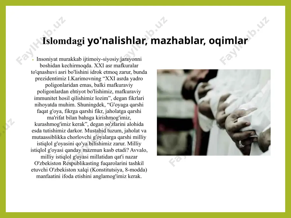 muhammad (s.a.v.) qilgan ishlari va aytgan so'zlari. hadislarga asosan hukm chiqarilganda, ularni nihoyatda ehtiyotkorlik bilan tanlab olinishi zarurdir. 3. ijmo bir davrning ijtihod (diniy manbalardan mustaqil hukm chiqarish) darajasiga yetgan ulamolarining yakdillik bilan biror masalani qabul qilishlaridir. 4. qiyos - ya'ni, hukmi vorid bo'lmagan masalani qur'on va hadisda, shunga o'xshash va hukmi kelgan narsaga qiyoslab fatvo chiqarish. 1. hanafiylikdagi mashhur kitoblar: muhammad bin al-xasan ash-shayboniyning (vafoti 805 yil) "kutub zaxirurrivoya" nomli kitobi. keyinroq uning muhim qismlarini abul fodi al-marvazi "al-kofiy" asarida yanada tartibga soldi. unga shamsuddin as-saraxsi (vafoti 1090 yil) "al-mabsut" nomli sharh yozdi. 2. molikiylikda molik ibn anasning "al-muvatta" ("ommaviy", ya'ni "barchaga tushunarli") kitobi asosiy asardir. undan tashqari abdussalom saxnumning (vafoti 854 yil) "al-mudavvana al-kubra" asari alohida o'rin tutadi. 3. shofe'iylikda al-umm kitobi asosiy manbadir. 4. hanbaliylikda ahmad ibn hanbalning al-musnad asari bosh manba sifatida qaraladi. www.arxiv.uz hanafiylik, no'mon ibn sobit al-kufiy abu hanifa hayoti va faoliyati vii va …