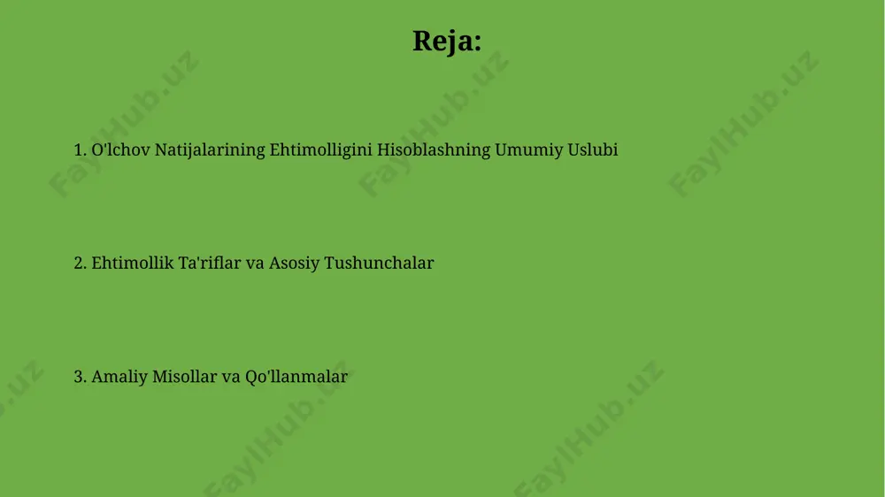 erilgan qiymatgacha bo'lgan integrali sifatida aniqlanadi. masalan, agar x=3 bo'lsa, tf -∞ dan 3 gacha ezf ning integrali bo'ladi. taqsimot funksiyasi (tf) esa, tasodifiy o'zgaruvchining qabul qilishi mumkin bo'lgan istalgan qiymatdan kichik yoki unga teng bo'lgan qiymatlarni qabul qilish ehtimolini beradi, ya'ni p(x ≤ x). turli xil o'lchash usullarining ehtimollik modellari diskret o'lchovlar uchun ehtimollik massasi funksiyasi yordamida har bir natija uchun aniq ehtimolliklarni hisoblash mumkin, masalan, zar tashlaganda 6 ta mumkin bo'lgan natija mavjud. o'lchov xatoliklarining normal taqsimotga bo'ysunishi holatida, 68% o'lchov natijalari o'rtacha qiymat atrofida ±1 standart og'ishdan ichida joylashgan bo'ladi. amaliy misollar va muammolar o'lchov natijalarining ehtimolligini hisoblashda, masalan, 100 ta tajriba o'tkazilganda, 70 tasida muvaffaqiyatga erishilgan bo'lsa, muvaffaqiyat ehtimolligini aniqlash uchun nisbat (70/100) va bayes teoremasi qo'llanishi mumkin. ikki voqea (a va b) ning birgalikdagi ehtimolligini hisoblashda, agar a voqeasining ehtimoli 0.6, b voqeasining ehtimoli 0.4 va ularning bog'liqlik koeffitsiyenti 0.2 bo'lsa, p(a va b) = …