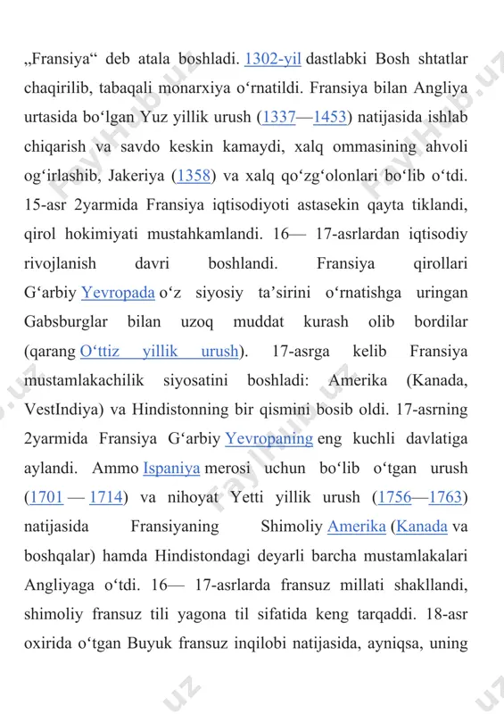 i. 1875-yil milliy majlis tomonidan uchinchi respublika (1870— 1940) konstitutsiyasi kabul qilindi. 19-asr oxiriga kelib, fransiya mustamlakachilik imperiyasi koʻlami va iqtisodiy ahamiyati jihatidan buyuk britaniyadan soʻng 2oʻringa chiqdi. 20-asr boshlarida fransiya sanoati tez surʼatda rivojlandi, lekin u birinchi jahon urushigacha agrarindustrial mamlakat boʻlib qolaverdi. fransiya bilan olmoniya oʻrtasidagi ziddiyatlar kuchayishi sababli 1891—1893-yillarda fransiya — rossiya ittifoqi tashkil topdi. bu ittifoq 1904 y.gi fransiya— buyuk britaniya bitimi bilan antantanp tashkil etishda muhim rol oʻynadi. fransiya birinchi jahon urushi (1914—1918)da qatnashdi. olmoniyaning urushdagi harbiy magʻlubiyatidan foydalanib, fransiya yevropada oʻzining hukmronligini oʻrnatishga harakat qildi. 30-yillardagi jahon iqtisodiy boʻhroni fransiyada boshqa mamlakatlarga nisbatan kechroq boshlandi va uzoqroq davom etdi. mamlakatda fashistik guruhlar faollasha boshladi. fashizm xavfiga qarshi fransiyadagi demokratik kuchlar xalq frontiga uyushib, harakat qildilar (1935). 1936-yil iyunda xalq fronti madadiga tayangan hukumat tuzildi. 1938-yil boshlarida reaksiya kuchlari xalq frontiga rahna solib, yangi xukumat tuzishga muvaffaq boʻldilar. 1939-yil 3-sentabrda fransiya olmoniyaning fransiya ittifoqchisi boʻlgan …