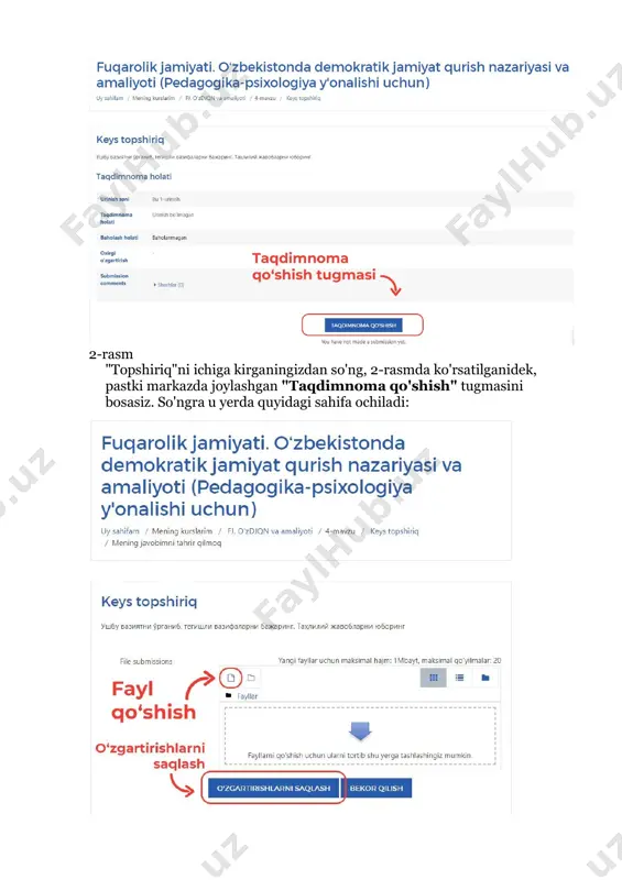 yga vazifangizni "screenshot" qilish orqali hajmini 1 mb dan pastlatishingiz mumkin. demak, vazifa fayllarini yuklab bo'lganingizdan so'ng, "o'zgartirishlarni saqlash" tugmasini bosasiz. (3-rasm) 4-rasm o'zgartirishlarni saqlaganingizdan so'ng sizga yuqoridagi 4-rasmda ko'rsatilgan taqdimnoma holati ma'lum qilinadi. ushbu sahifada "topshiriqlarni muvofiqlashtirish" tugmasini bosasiz. ushbu tugmani bosish orqali siz o'z uyga vazifangizga boshqa o'zgartirishlar kirita olmaysiz. 5-rasm "topshiriqlarni muvofiqlashtirish" tugmasi bosilganidan so'ng, tizim sizdan "haqiqatdan ham o'z ishingizni baholashga taqdim etishni istaysizmi?" deya yana bir bor murojaat qiladi va siz "davom ettirish" buyrug'ini bergan holda ishni yakunlaysiz (5-rasm). shu bilan taqdimnoma baholash uchun taqdim etilgan holatiga o'tadi. ma'lumot uchun, ushbu ketma-ketliklar nafaqat moodle tizimining web versiyasida balki smartfonlardagi moodle ilovasida ham huddi shunday amalga oshiriladi.