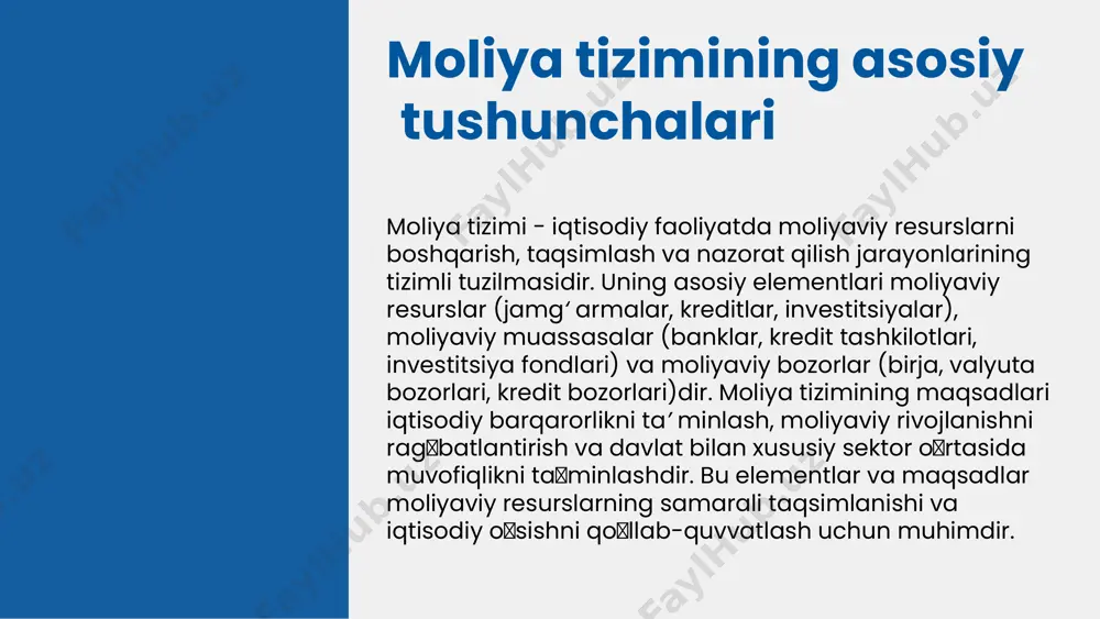 ijtimoiy ta'sir ko'rsatadi. u jamiyatdagi tengsizliklarni kamaytirish va ijtimoiy muhofaza tizimlarini moliyalashtirishda muhim rol o'ynaydi. sosial dasturlar va davlat xarajatlari orqali keng jamoatchilik manfaatlari himoya qilinadi. xulosa qilib aytganda, moliya tizimi iqtisodiy va ijtimoiy rivojlanishda muhim rol o'ynaydi. moliya tizimining qo'llanilishi moliya tizimi iqtisodiyotning barcha sohalarida muhim rol o'ynaydi. banklar, moliya institutlari va boshqa tashkilotlar orqali kapitalni taqsimlash va iqtisodiy faoliyatlarni qo'llab-quvvatlaydi. biznes va korporatsiya boshqaruvida moliya tizimi investitsiya qarorlarini qabul qilish, risklarni boshqarish va moliyaviy holatni baholashda asosiy o'rin tutadi. bu, shuningdek, raqobat muhitida muvaffaqiyat uchun muhimdir. davlat siyosatida moliya tizimi budjet tuzish, soliq siyosatini amalga oshirish, infratuzilma moliyalashtirish va makroiqtisodiy barqarorlikni ta'minlashda muhim instrumentdir. moliya tizimining samaradorligi moliya tizimining samaradorligini baholash mezonlari: rivojlanish ko'rsatkichlari, moliyaviy barqarorlik, kapital oqimlari va sarmoyalar rentabelligi. moliya tizimining samaradorligini oshirish usullari: moliyaviy boshqaruvni takomillashtirish, yangi texnologiyalarni joriy etish, moliyaviy nazoratni kuchaytirish. moliya tizimining natijalarini tahlil qilish: moliyaviy hisobotlar, statistik ma'lumotlar, samaradorlik ko'rsatkichlari, muhit …