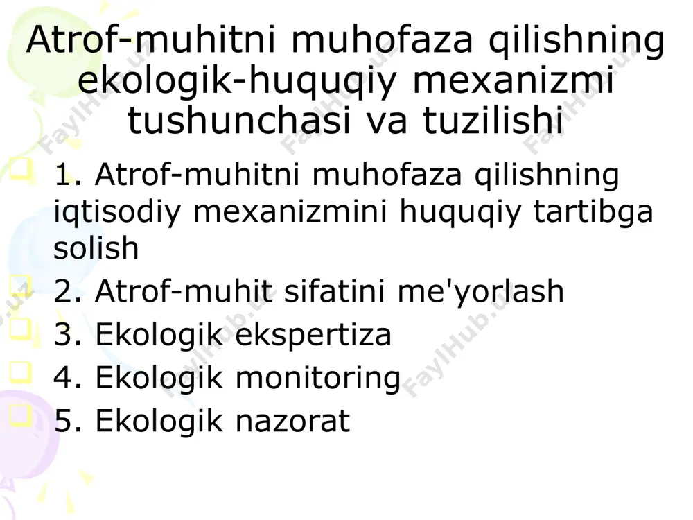 hofaza qilish fondlarining amortizatsiya stavkalarini oshirish; ekologik toza mahsulotlar uchun rag'batlantiruvchi narxlarni qo'llash; ekologik zararli mahsulotlarga, shuningdek ekologik xavfli texnologiyalardan foydalangan holda ishlab chiqariladigan mahsulotlarga maxsus soliq solishni joriy etish; atrof tabiiy muhitni muhofaza qilish bo ' yicha muvaffaqiyatli amalga oshirilayotgan korxonalarga imtiyozli kredit berishdan foydalanish. atrof-muhitni muhofaza qilish sohasida iqtisodiy tartibga solish usullari 1. ekologik prognozlar asosida ijtimoiy-iqtisodiy rivojlanishning davlat prognozlarini ishlab chiqish; 2. o`zbekiston respublikasining ekologik rivojlanishi sohasidagi dasturlari va o`zbekiston respublikasining ta'sis sub'ektlarining atrof-muhitni muhofaza qilish sohasidagi maqsadli dasturlarni ishlab chiqish; 3. atrof-muhitga zarar yetkazilishining oldini olish maqsadida atrof-muhitni muhofaza qilish tadbirlarini ishlab chiqish va amalga oshirish; 4. atrof-muhitga salbiy ta'sir uchun to'lovlarni belgilash; 5. ifloslantiruvchi moddalar va mikroorganizmlarning chiqindilari va chiqindilari uchun limitlarni, ishlab chiqarish chiqindilarini joylashtirish uchun limitlarni belgilash; atrof-muhitni muhofaza qilish sohasida iqtisodiy tartibga solish usullari 6. tabiiy obyektlar va tabiiy-antropogen obyektlarni iqtisodiy baholashni o ' tkazish; 7. iqtisodiy va boshqa faoliyatning atrof-muhitga ta'sirini …