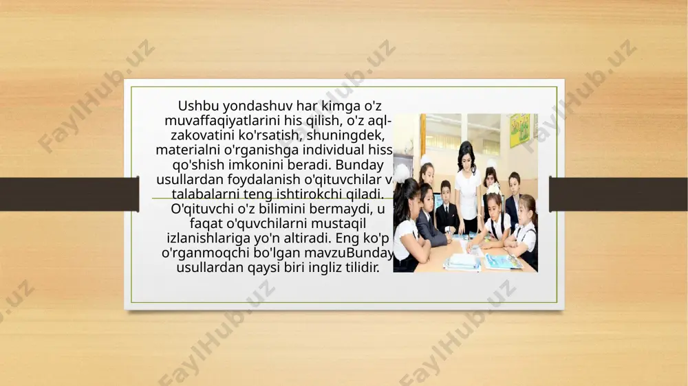 lari) o'z ichiga oladi masalan, o'rta maktab o'quvchilari bilan birga siz "akvarium" o'yinida o'ynashingiz mumkin, uning mazmuni guruhning bir qismi qiyin vaziyatda, qolganlari esa uni tashqi tomondan tahlil qiladi. o'yinning maqsadi - vaziyatni barcha nuqtai nazarlardan birgalikda ko'rib chiqish, uni hal qilish algoritmlarini ishlab chiqish va eng yaxshisini tanlash. o'rta va o'rta maktablarda interaktiv o'qitish usullari fikrlash va intellektni rivojlantirishga qaratilgan (loyiha faoliyati, miya hujumi , bahs-munozaralar), jamiyat bilan o'zaro aloqalarni (bosqichma-bosqich, o'ynash hollari) o'z ichiga oladi. masalan, o'rta maktab o'quvchilari bilan birga siz "akvarium" o'yinida o'ynashingiz mumkin, uning mazmuni guruhning bir qismi qiyin vaziyatda, qolganlari esa uni tashqi tomondan tahlil qiladi. treningning mavzusi, maqsad va vazifalari; guruhning o&amp;apos;ziga xos xususiyatlari, tinglovchilarning yoshi va intellektual qobiliyatlari; dars jadvali; o&amp;apos;qituvchining tajribasi; o&amp;apos;quv jarayonining mantiqi. vaboshqalar zamonaviy jamiyatda yuzaga kelgan va yuzaga kelgan radikal o'zgarishlar ta'lim tizimini to'liq yangilash uchun zarur shart-sharoitlarni yaratadi. ushbu tendentsiya interaktiv ta'lim uslublarini ishlab chiqish va keyingi …