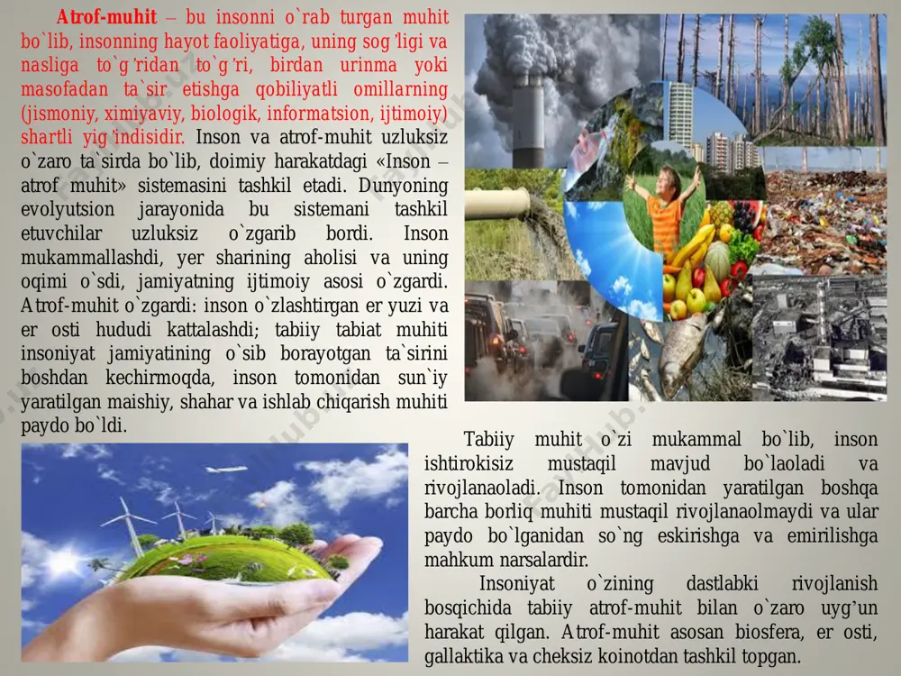 ladi: 1. ilmiy (inson-mashina sistemasini; atrof muhit-inson, xavfli (zararli) ishlab chiqarish omillari va boshqalarni matematik modellashtirish); 2. amaliy (uskunalarga xizmat ko`rsatishda mehnat xavfsizligini taminlash). hayotni saqlash qonunidagi oqimlar insonga o`zini oziq-ovqatga, suvga, havoga, quyosh energiyasiga, o`rab turgan muhit haqidagi informatsiyalarga bo`lgan ehtiyojlarini qanoatlantirishi uchun kerak. shu bilan bir vaqtda inson hayotiy fazasida o`zidan ongli faoliyati bilan aloqador bo`lgan (mexanik, intellektual energiyalar) bioliogik jarayon chiqimlari ko`rinishidagi ma`lum massadagi moddalar oqimini, issiqlik energiya va boshqa energiya oqimini ajratadi. moddalar va energiyalar oqimi almashinuvi inson ishtirok etmaydigan jarayonlar uchun ham xarakterlidir. tabiiy muhit bizning planetamizga quyosh energiyasi oqimi kirib kelishini ta`minlaydi. bu esa o`z navbatida biosferada o`simlik va hayvonlar oqimini, moddalar (havo, suv) adiabatik oqimini, har xil energiyalar oqimini, jumladan favqulodda holatlarda tabiiy muhitdagi energiyalar oqimini ro`yobga keltiradi. texnosfera uchun barcha turdagi xom ashyo va energiyalar oqimi, mahsulotlar va odamlar navbati oqimlarining har xilligi; chiqindi oqimlari (atmosferaga chiqarilayotgan chiqindilar, suv hovzalariga tashlanayotgan sanoat …