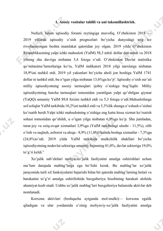 lohida ahamiyat kasb etadi. ushbu xo’jalik mablag’lari buxgalteriya balansida aktivlar deb nomlanadi. korxona aktivlari (boshqacha aytganda mol-mulki)–– korxona egalik qiladigan va ular yordamida o’zinig moliyaviy-xo’jalik faoliyatini amalga oshiradigan xo’jalik vositalarining xilma-xil turlaridir. korxonaning aktivlari quydagicha uchta talabga javob berganda moliyaviy hisobotga kiritiladi: · korxona bu mulkning egasiga deb hisoblanganda; · u uchun muayan qimmatiga ega bo’lganda ; · qandaydir qiymatga va kelgusida korxona uchun iqtisodiy foyda keltirish qobiliyatiga ega bo’lganda. korxona aktivlari ikki turga bo’linadi: uzoq muddatli va joriy (aylanma) aktivlarjoriy (aylanma) aktivlar korxona aktivlari 1- chizma. korxona aktivlarining tarkibi.uzoq muddatli aktivlar uzoq muddatli aktivlarga foydali ishlatish muddati bir yildan ortiq bolgan mol- mulk kiradi. mol-mulkdan foydalanish korxonaga daromad yoki iqtisodiy naf keltiradigan davr, uning foydali ishlatish muddatidir. joriy aktivlar o’z ichiga pul mablag’lari va korxonaning normal ish yoki buxgalteriya balansi sanasidan bir yil davomida (qaysi biri uzunroq bo’lishiga bog’liq holda) pul mablag’lariga aylantirilishi, sotilishi yoki sarflanishi kutiladigan boshqa aktivlarni …