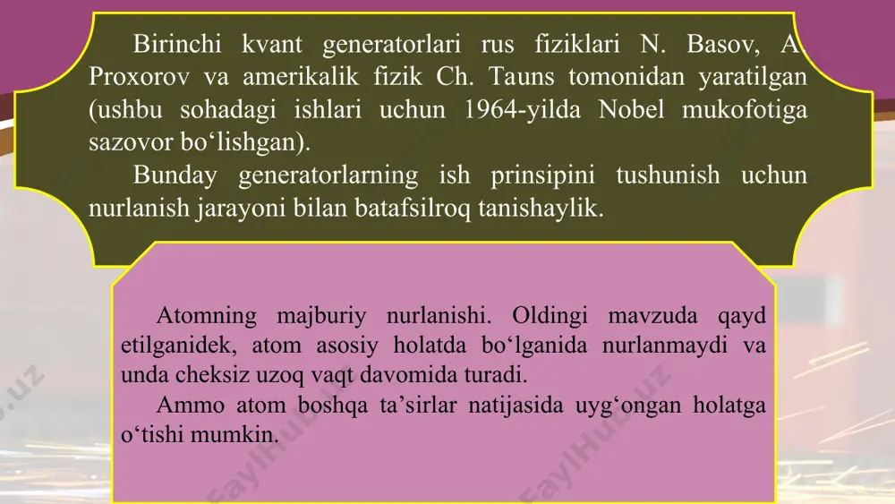 si 3 ulangan. boshqa lazerlarning hosil bo‘lish mexanizmi ham shunga o‘xshaydi. lazerning turlari. kvant generatorlari kvant mexanikasi qonunlari asosida istalgan (elektr, issiqlik, yorug‘lik, kimyoviy va h.k.) energiyani kogerent yorug‘lik nuri energiyasiga aylantirib beradi. bu ajoyib xossaga egaligi lazer nurining juda keng qo‘llanilishiga sabab bo‘lmoqda. lazerlar faollashtiruvchi moddalarning turlariga, ya’ni qanday energiyani kogerent yorug‘lik nuri energiyasiga aylantirishiga qarab bir nechta turlarga bo‘linadi. bular: qattiq lazerlar, yarim o‘tkazgichli lazerlar, gaz lazerlari, kimyoviy lazerlar, tolali lazerlar, rentgent lazerlari va hokazolar. ular impuls, uzluksiz va kvaziuzluksiz rejimlarda ishlashi mumkin. lazerning xossalari bilan tanishaylik. yuqori darajada kogerent, ya’ni fotonlarning fazalari bir xil. qat’iy monoxromatik. dastaga kiruvchi fotonlar to‘lqin uzunliklarining farqi 10–11 m dan oshmaydi, ya’ni ∆λ < 10–11 m nurlanish quvvati juda katta. lazer nurida nurlanish quvvati 1016–1020 w/m2 gacha bo‘lishi mumkin. bu juda katta qiymat hisoblanadi. vaholanki, quyoshning to‘la nurlanish spektri bo‘yicha nurlanish quvvati 7 · 107 w/m2 ni tashkil qiladi. nurning yoyilish burchagi …