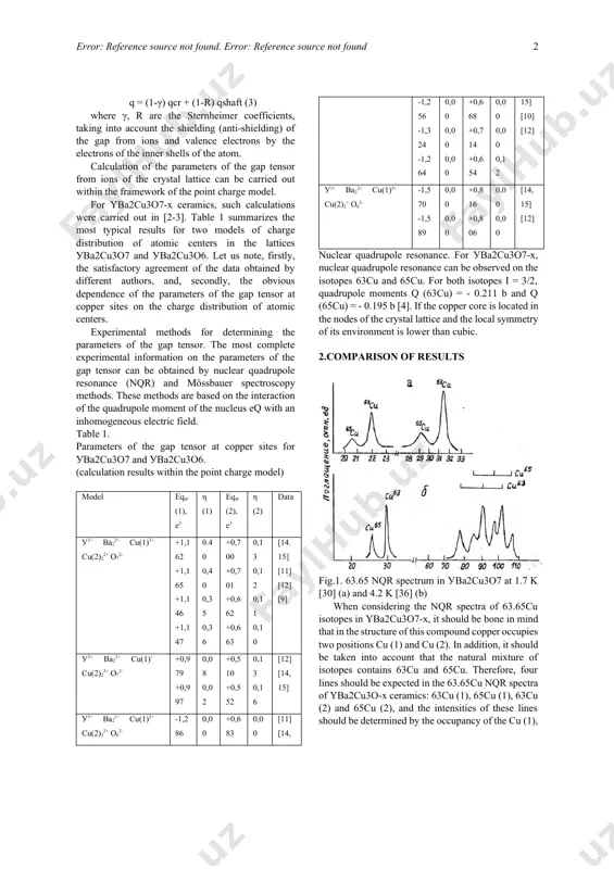 для применения title к тексту, который должен здесь отображаться. 3 1 introduction one of the main problems in high temperature superconductivity (htsc) physics is determining the localization location of holes, which determine the phenomenon of superconductivity. the most reliable way to identify holes in htsc lattices is considered to be a comparison of the experimentally determined parameters of the electric field gradient tensor (efg) with the results of their theoretical calculation. this method is most effective in measuring and calculating the parameters of the gap tensor. all htscs, as a rule, contain copper, and the parameters of the gap tensor at copper sites are most sensitive to the charges of atomic centers. this work is devoted to the consideration of experimental and theoretical results of determining the parameters of the electric field tensor in copper nodes of уba2cu3o7-x ceramics. the compound is one of the most typical htscs and is …