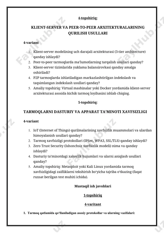 ga oshirmaydi, faqat xatoliklar va diagnostika xabarlarini yuboradi. · icmp tarmoqda bog'lanishlarni tekshirish, tarmoqdagi nuqsonlarni aniqlash uchun ishlatiladi. 4. voip (voice over ip) protokollarining ishlash tamoyillari: voip — internet protokoli orqali ovozli aloqani amalga oshirish uchun ishlatiladi. voip texnologiyasi ovozli ma'lumotlarni paketlar shaklida internet orqali uzatadi. voip protokollari quyidagi tamoyillarga asoslanadi: · rtp (real-time protocol): rtp ovoz va video ma'lumotlarini real vaqt rejimida uzatish uchun ishlatiladi. bu protokol paketlar orqali ovozli ma'lumotlarni uzatishda ma'lumotlarning ketma-ketligini saqlash va vaqtni sinxronlashtirishni ta’minlaydi. · sip (session initiation protocol): sip protokoli voip aloqalarini boshlash, boshqarish va yakunlash uchun ishlatiladi. sip yordamida qo‘ng‘iroqlarni tashkil etish, sesiyani boshqarish va boshqa xizmatlar ko‘rsatiladi. · h.323: h.323 protokoli video va audio kommunikatsiya uchun ishlatiladi. bu protokol voip tizimlarida qo‘llaniladigan an'anaviy protokollardan biridir. voip ishlash tamoyili: · ovozli ma'lumotlar analog signal sifatida olinganidan keyin raqamli formatga o‘zgartiriladi (kodek orqali). · rtp protokoli orqali ovozli ma'lumotlar paketlarga bo‘linadi va internet …