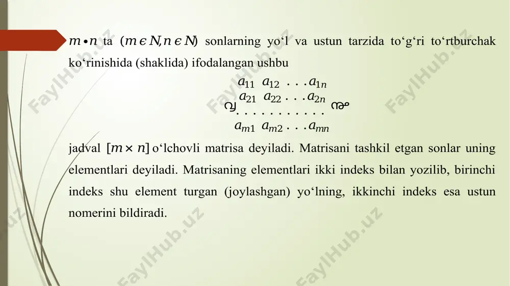 trisa ko‘paytmasi deyiladi va 𝒌∙𝑨 kabi belgilanadi. masalan: a=ቀ 0−42 3 45 ቁ, 𝑘=2 𝑘∙𝐴=ቀ 0−84 6 810 ቁ bo‘ladi. matrisalarnin g yig‘indisi, ayirmasi, matrisani songa k o‘paytirish ushbu xossalarga ega. 1). 𝐴+𝐵= 𝐵+𝐴 2). 𝐴+(𝐵+𝐶) = (𝐴+𝐵)+𝐶 3). 𝐴+0=𝐴, 4). 𝐴−𝐴=0, 5). 1∙𝐴=𝐴, 6). 𝛼(𝐴+𝐵)=𝛼𝐴+𝛼𝐵, 7). ሺ 𝛼+𝛽 ሻ 𝐴=𝛼𝐴+𝛽𝐴, 8). 𝛼∙ ሺ 𝛽 𝐴 ሻ = ሺ 𝛼∙𝛽 ሻ 𝐴, bunda 𝐴,𝐵,𝐶− matrisalar, 𝛼 va 𝛽−sonlar. ikki matrisalar k o‘paytmasi tushunchasini kiritishda k o‘paytiriladigan matrisalarning birinchisining ustunlar soni ikkinchisining y o‘llar soniga teng bo‘lishi talab qilinadi. aytaylik, [𝑚×𝑛] tartibli 𝐴=൮ 𝑎 11 𝑎 12 . . .𝑎 1𝑛 𝑎 21 𝑎 22 . . .𝑎 2𝑛 . . . . . . . . . . . 𝑎 𝑚1 𝑎 𝑚2 . . .𝑎 𝑚𝑛 ൲ matrisa bilan, ሾ 𝑛×𝑘 ሿ −tartibli 𝐵=൮ 𝑏 11 𝑏 12 . . .𝑏 1𝑘 𝑏 21 𝑏 22 . . .𝑏 …