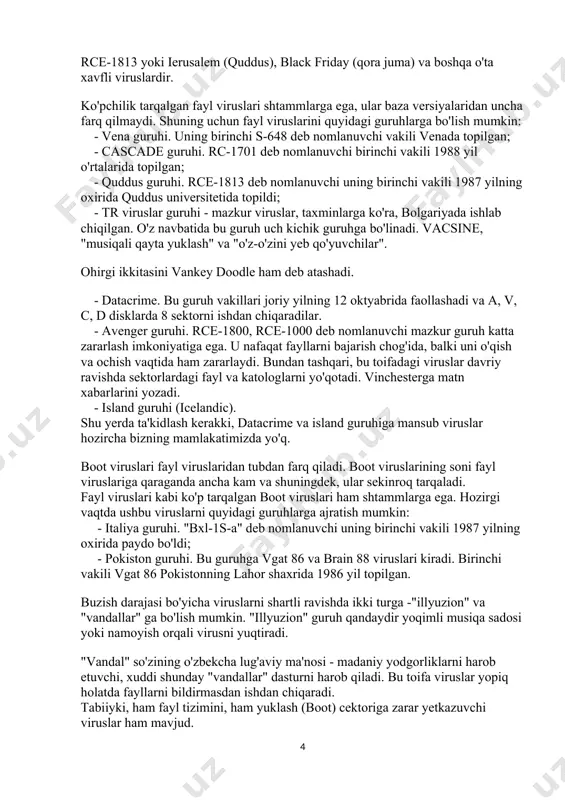 lanish usullarini sinflashtirish 1. kompyuter viruslaridan himoyalanish usullarini sinflashtirish. dastlabki nazorat: kelayotgan dasturlarni detektor dasturlari bilan tekshirish. profilaktika: "yozishdan himoyalangan" disketalar bilan ishlash, yozish uchun disketadan foydalanishni minimallashtirish, ilgarigi va amaldagi disketalarni alohida saqlash, dasturlarni vinchesterda arxivlangan holda saqlash. taftish (reviziya): yangi dasturlarni maxsus dasturlar yordamida tekshirish. karantin: har qanday yangi dastur yangi karantin muddatini o'tashi lozim. ular mutaxassislar tomonidan viruslarga tekshirilgan bo'lishi kerak. filtrlashtirish: flusbot plus, macevaccine, antiws2 turdagi dasturlar orqali ehtimoldagi viruslarni tutish. terapiya: (davolash). dasturni dastlabki "sog'lom" holatga keltirish. bu ish har bir fayldan zararli viruslarni "tishlab olib tashlash" usuli bilan amalga oshiriladi. yuqorida aytilganlardan ko'rinib turibdiki, virusdan himoyalanishning bir necha turdagi dasturiy vositalari mavjud: dastur-detektorlar (disketa yoki diskdagi viruslarni "tutadi") va dastur-faglar (viruslardan davolaydi). ular har bir foydalanuvchida bo'lishi va kompyuter ishga tushirilishidan oldin doimo sinab ko'rilishi kerak. shuni ta'kidlash kerakki, eng qulay detektorlar bir emas, koplab keng tarqalgan viruslarni "ushlaydi". dastur-fayllar zararlangan dasturlarni tiklashni ta'minlaydi. …