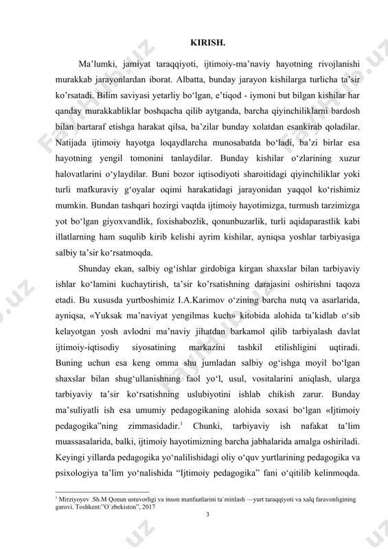 irish, ta’sir ko’rsatishning darajasini oshirishni taqoza etadi. bu xususda yurtboshimiz i.a.karimov o‘zining barcha nutq va asarlarida, ayniqsa, «yuksak ma’naviyat yengilmas kuch» kitobida alohida ta’kidlab o‘sib kelayotgan yosh avlodni ma’naviy jihatdan barkamol qilib tarbiyalash davlat ijtimoiy-iqtisodiy siyosatining markazini tashkil etilishligini uqtiradi. buning uchun esa keng omma shu jumladan salbiy og‘ishga moyil bo‘lgan shaxslar bilan shug‘ullanishning faol yo‘l, usul, vositalarini aniqlash, ularga tarbiyaviy ta’sir ko‘rsatishning uslubiyotini ishlab chikish zarur. bunday ma’suliyatli ish esa umumiy pedagogikaning alohida soxasi bo‘lgan «ijtimoiy pedagogika”ning zimmasidadir. chunki, tarbiyaviy ish nafakat ta’lim muassasalarida, balki, ijtimoiy hayotimizning barcha jabhalarida amalga oshiriladi. keyingi yillarda pedagogika yo‘nalilishidagi oliy o‘quv yurtlarining pedagogika va psixologiya ta’lim yo‘nalishida “ijtimoiy pedagogika” fani o‘qitilib kelinmoqda. bizningcha, bu fanni barcha oliy o‘quv yurtlarining mavjud ta’lim yo‘nalishlarida o‘qitilishi maqsadga muvofiq bo‘ladi. sababi shundaki, mazkur o‘quv yurtlarini tamomlab tegishli joyga mutaxassis bo‘lib kelganlar o‘z navbatida o‘zi faoliyat ko‘rsatayotgan ob’ektda ijtimoiy pedagoglik vazifasini ham bajaradi. mavzuning dolzarbligi: mamlakatimizda qonunlar ustivorligiga …