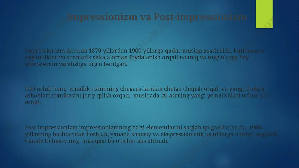 virtuoz ijrochi-kompozitorlarning paydo bo'lishi bilan 19-asrning ikkinchi yarmida pianino musiqasi beqiyos darajada rivojlangan. 20-asr klassik musiqasi 20-asrning birinchi yarmida neoklassik uslubning qayta tiklanishi kuzatildi, bu davrda stravinskiy va prokofyev kabi bastakorlar barok va klassik davrlarning shakllarini va uslublarini qayta ishlashga harakat qilishdi. 20-asr klassik musiqasida serializm texnikasi, arnold şönberg tomonidan ishlab chiqilgan bo'lib, 12 tonli xromatik shkala asosida 12 ta notaning matematik tartibda ishlatilishini nazarda tutadi. minimalizm 20-asrning ikkinchi yarmida paydo bo'lgan bo'lib, uning asosiy xususiyati – oddiy, takrorlanuvchi melodik va ritmik tuzilmalar, minimal miqdordagi notalardan foydalanish hisoblanadi. e'tiboringiz uchun rahmat @taqdimot_robot image2.png image3.png image4.png image5.png