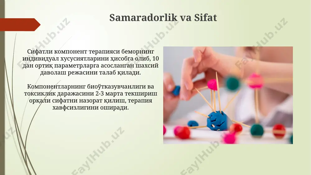 arajadagi integratsiyasi, 90% dan ortiq ishlash samaradorligini ta'minlaydi va 3 dan ortiq turdagi tizimlar bilan muvofiqlashishi mumkin. har bir komponentning o'ziga xos 16-bitli identifikatori va xavfsizlik protokoli mavjud bo'lib, ma'lumotlarning ishonchliligi va himoyalanishini ta'minlaydi. iqtisodiy samaradorlik davolash xarajatlarini 20-30% ga kamaytirish orqali komponentli terapiya bemorlar uchun iqtisodiy jihatdan foydali bo'lishi mumkin, lekin bu klinik ko'rsatkichlarga ta'sir etmasligi kerak. komponentli terapiyaning iqtisodiy samaradorligini baholashda 10% gacha bo'lgan xatolikka yo'l qo'yish mumkin, bu esa klinik natijalar va resurslar sarfi o'rtasidagi muvozanatni talab qiladi. modulli dizayn modulli dizayn, 50% gacha ishlab chiqarish vaqti tejash orqali, dasturiy ta'minotning skalirlanishi va texnik xizmat ko'rsatish jarayonini soddalashtiradi. modulli dizayn yondashuvi 3 dan ortiq kichik, mustaqil qismlardan (komponentlardan) murakkab tizimlarni yaratishga imkon beradi va ularning o'zaro ta'sirini aniq belgilaydi. qayta ishlash va qayta foydalanish qayta foydalanish strategiyasi orqali 2-3 yil davomida komponentlarning foydalanish muddatini uzaytirish mumkin, bu esa xarajatlarni 15-20% ga kamaytiradi. qayta ishlash jarayonida 30% gacha …