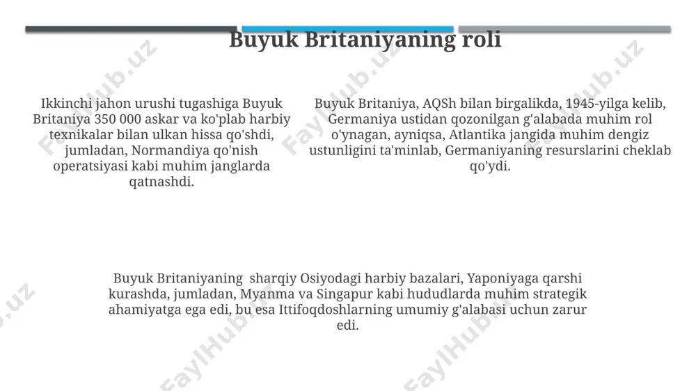 shlardan oʻtdi. frantsiya qarshilik harakati, taxminan 1 million kishidan iborat boʻlib, germaniya okkupatsiyasi davrida muhim axborot toʻplash va sabotaj qilish ishlarida qatnashdi, shu bilan ittifoqchilarga katta yordam berdi. osiyodagi urushning tugashi ikkinchi jahon urushining osiyodagi yakunlanishi yaponiyaning 1945 yil avgust oyida 6 avgustdagi hirosima va 9 avgustdagi nagasaki shaharlariga atom bombalari tashlab yuborilishi bilan tezlashdi. sovet qo'shinlari 1945 yil avgust oyida manjuriya va koreyaga bostirib kirishi yaponiya imperiyasi uchun hal qiluvchi omil bo'ldi, ularning mag'lubiyatini yaqinlashtirdi. yaponiya imperiyasi rasman 1945 yil 2 sentyabrda tokio ko'rfazida imzolangan taslim bo'lish hujjati bilan ikkinchi jahon urushida mag'lub bo'ldi, bu osiyodagi urushning rasmiy tugashi edi. qo'shma shtatlarning roli ikkinchi jahon urushi tugashida qo'shma shtatlarning atom bombalarini xirosima va nagasaki shaharlariga tashlashi 1945 yil avgust oyida yaponiyaning taslim bo'lishiga olib keldi, natijada urush tugagan. tinch okeanida bo'lib o'tgan ivodjima va okinawa kabi muhim janglarda qo'shma shtatlar armiyasi va dengiz floti katta yo'qotishlarga qaramay, muhim strategik …