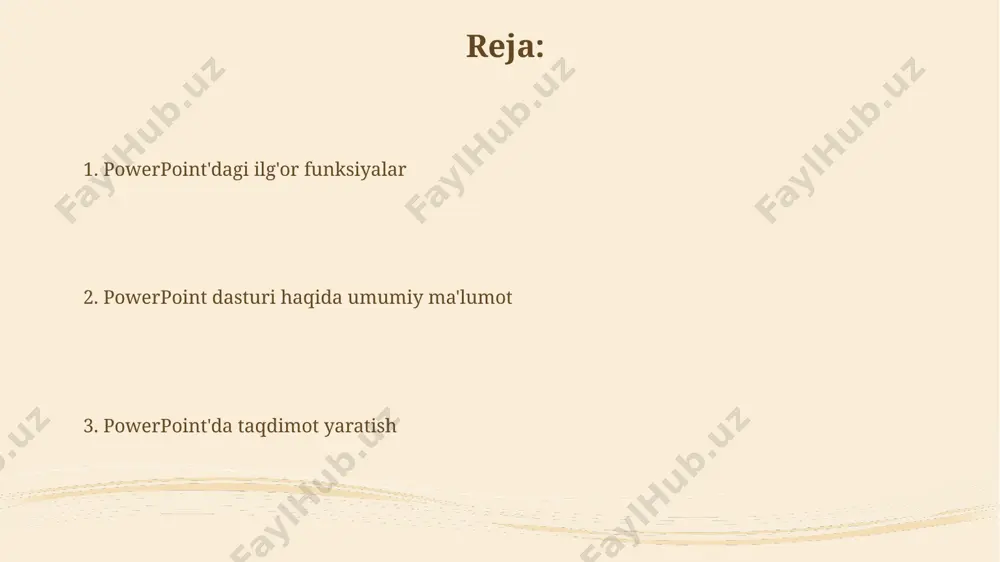 zligi, davomiyligi va yo'nalishi kabi parametrlarni o'zgartirish orqali, siz 5 dan 10 soniyagacha bo'lgan vaqt oralig'ida effektlarni sozlashingiz mumkin. power pointda 20 dan ortiq turdagi animatsiya effektlari mavjud bo'lib, ular ob'ektlarga harakat, ko'rinish o'zgarishi va boshqa vizual ta'sirlarni qo'shish imkonini beradi, masalan, 3d aylanish effekti kabi. ko'rinish va dizayn imkoniyatlari slaydlarga 3d effektlar, animatsiyalar va o'tish effektlarini qo'llash orqali, 20 dan ortiq turdagi vizual vositalar yordamida taqdimotni yanada jozibador va tushunarli qilish mumkin. powerpoint 2016 versiyasidan boshlab, foydalanuvchilarga 500 dan ziyod rang palitralari va grafik elementlarni taklif qiladi, shu bilan birga, foydalanuvchi o'zi xohlagan ranglarni ham qo'shishi mumkin. e'tiboringiz uchun rahmat @taqdimot_robot image2.jpg image3.jpg image4.jpg image5.jpg image6.jpg