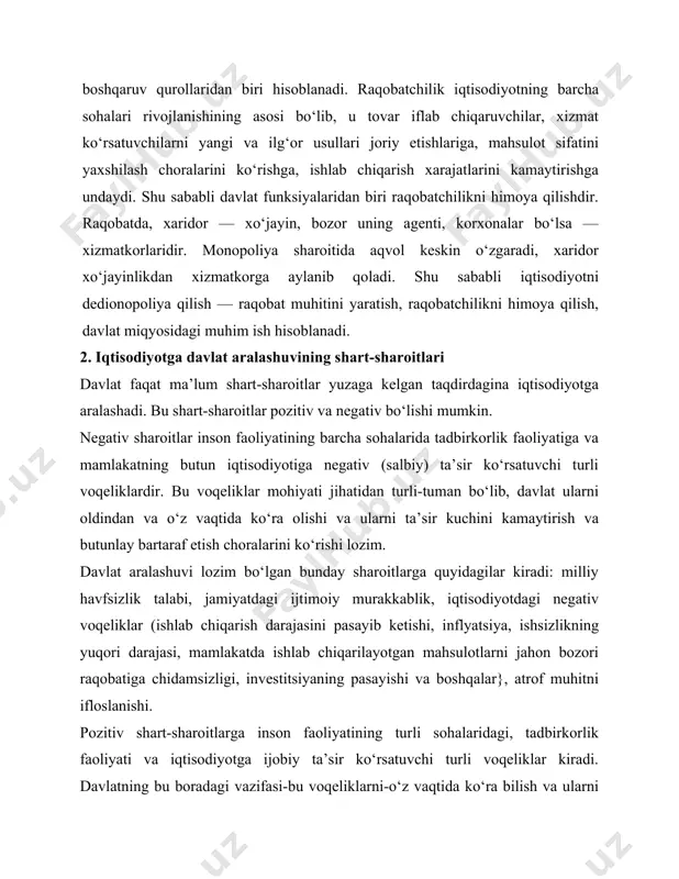 nday sharoitlarni keltirib chiqargan mezonlar aniqlanishi lozim. masalan, negativ voqeliklar jumlasiga inflyatsiya, ishsizlik, ishlab chiqarishning pasayishi, budjet taqchilligi, investitsiya faoliyatini sustlashuvi va boshqalar kiradi. davlat aralashuvi uchun ularning mezonlarini bilgan holda, oldini olish choralari ko‘rilishi kerak. ishsizlik - bozor iqtisodiyotining ajralmas unsuridir. ishsizlik darajasi ishchi kuchining 4-6 % ni tashkil etganda normal hisoblanadi. ishsizlikning tabiiy darajasi, yanada ma’qulroq, foydali ishni izlash, mavsumiy ishlar, shuningdek u yoki bu kasblarga talabni o‘zgarishi bilan bog‘liqdir. shu sababli, ishsizlik darajasi tabiiy ishsizlik darajasidan ortib ketgan taqdirda, ya’ni ishlab chiqarishning qisqarishi bilan bog‘liq siklli ishsizlik yuzaga kelganda davlat uni boshqara boshlaydi. shunday qilib, ishsizlikning mezoni uni tabiiy ishsizlikka solishtirish orqali aniqlanadi. inflyatsiya — tovar va xizmatlar haqining umumiy ortishi bo‘lib, ishsizlikka nisbatan murakkab voqelik hisoblanadi. inflyatsiya jahondagi barcha mamalakatlarga xosdir, chunki tovar va xizmatlarning narxlari doimiy bo‘lmasdan, harakatda bo‘ladi. shu sababli ma’lum darajagacha inflyatsiya jiddiy havf tug‘dirmaydi, lekin uning darajasi ortib ketsa, iqtisodiyot va jamiyatga …