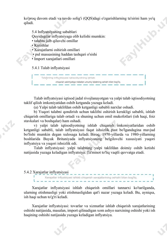 narxlari indeksi (hicp) endi buyuk britaniyadagi inflyatsiya maqsadi uchun asos sifatida ishlatilishi kerakligi tasdiqlandi. buyuk britaniya cpi iste'mol narxlari indeksi (cpi) deb ataladi. cpi 5.3.2 bazaviy inflyatsiya "asosiy inflyatsiya darajasi" atamasi odatda ipoteka xarajatlarini va ba'zan boshqa elementlarni (masalan, mahalliy kengash solig'i) istisno qilish uchun tuzatilgan rpiga murojaat qilish uchun ishlatiladi. foiz stavkalarining o'zgarishining ipoteka narxiga ta'siri rpining asosiy inflyatsiya darajasidan ko'ra kengroq o'zgarishiga yordam beradi. rpix - ipoteka foizlari to'lovlarini hisobga olmaganda, rpi o'sishi sifatida o'lchanadigan bazaviy inflyatsiya darajasi. rpiy deb ataladigan yana bir chora ko'proq davom etadi va savdo solig'i (qqs)dagi o'zgarishlarning ta'sirini ham yo'q qiladi. 5.4 inflyatsiyaning sabablari quyidagilar inflyatsiyaga olib kelishi mumkin: • talabni jalb qiluvchi omillar • kutishlar • xarajatlarni oshirish omillari • pul massasining haddan tashqari o'sishi • import xarajatlari omillari 5.4.1 talab inflyatsiyasi talab inflyatsiyasi iqtisod jadal rivojlanayotgan va yalpi talab iqtisodiyotning taklif qilish imkoniyatidan oshib ketganda yuzaga keladi. (a) yalpi talab taklifdan …
