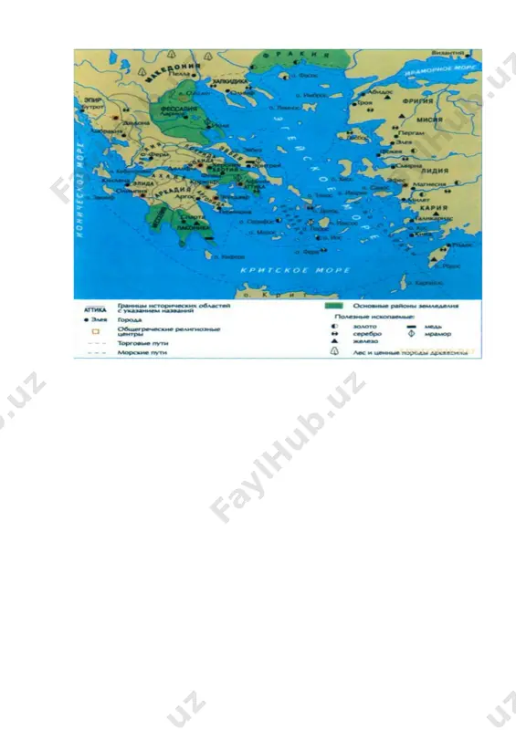 saqlangan. gesiod o‘zining «mehnat va kunlar» asarida yunon jamiyatidagi ijtimoiy ziddiyatlar haqida yozadi. shaharlar. yunon tarixiy manbashunosligiga shahar qoldiqlari muhim o'rin tutadi. shaharlardagi saroylar, ibodatxonalar yaxshi saqlangan. krit-miken davri saroylari, inshootlari juda ko'plab topilgan. yunon me’morchigining asosiy yodgorliklaridan bu palestlar va gimnasiylardir. palestlar — bu sport inshootlari jumlasiga ki rib, u yerda asosan yosh bolalar muntazam sport bilan shug‘ullanishgan. gimnasiy — sport inshooti boiib, bu yerda asosan kattalar sport va fan bilan shug‘ullanganlar. bizgacha afinaning ikki katta gimnasiyasi saqlanib qolgan. ulardan biri qahramon akadem bogida joylashgan, ikkinchisi likeylik appolon dala hovlisida joylashgan. yunonistondagi madaniyat markazlaridan yana biri bu muqaddas uylar va ulardagi haykal va inshootlardir. shaharlar tarixini o ‘rganishda qadimgi yo’llar.. muhim ahamiyat kasb etadi. eng yirik yo’llar xarobasi afina va pirey portidagi yo’l boiib, dengiz ortidan keltirilgan mahsulotlar pirey portiga tushirilib, shu yo’l orqali afinaga keltirilgan. bu mashhur yoi peloponnes urushi davrida sparta va uning ittifoqchilari tomonidan buzib tashlangan. …