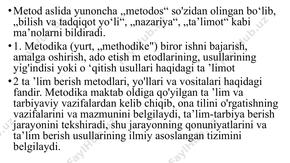 fasi bolalarni to'g'ri, tez (m e’yorida), ongli va ifodali o'qish m alakalari bilan qurollantirish hisoblanadi. 3. grammatika, fonetika, so'z yasalishini o'rganish metodikasi. bu bo'lim elementar to'g'ri yozuvga va husnixatga o'rgatishni, grammatik tushunchalar, boshlang'ich imlo malakalarini shakllantirishni nazarda tutadi. 4. nutq o‘stirish metodikasi. bu bo'lim boshlang'ich sinflarda alohida o'rin tutadi. bolalar birinchi navbatda tilni, nutqni o'quv predmeti sifatida anglaydilar, ular xohlagan va qiziqarli narsalarnigina emas, balki zaruriy narsa va hodisalar haqida o'ylab, rejali nutq tuzish zarurligini ham tushuna boshlaydilar. ular o'zining grafik shakli bilangina emas, balki leksikasi, sintaktik va morfologik shakli bilan ham og'zaki nutqdan farq qiladigan yozma nutqni ham egallaydilar. metodika bolalar nutqini boyitishi, sintaktik va bog'lanishli nutqini o'stirishni ham ta ’minlashi kerak. shuni aytib o'tish kerakki, bog'lanishli nutq maktablarda alohida bo'lim sifatida o'rganilm aydi, u til fanining boshqa bo'limlari bilan bog'langan holda shakllantiriladi. ona tili o‘qitish metodikasi fanining metodologik va ilmiy asoslari. ona tili o'qitish metodikasining metodologik asosi borliqni …