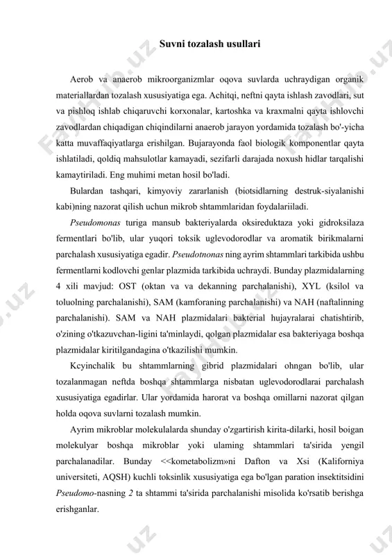 ik esa ismaloq ekstrakti va tarkibida gidrogenaza bo'lgan bakterial ekstraktlar ko'rinadigan nur bilan nurlantirilganda, vodorod ajratishi mumkinligi aniqlangan. bunday holda xloro-plastning i va ii fotokimyoviy tizimlari ishtirok etadi. clostridium dan ajratib olingan gidrogenaza fermenti kislorodga nisbatan sezgir bo'lib, kislorodli muhitda o'z faoliyatini yo'qotadi. shuning uchun suv fotolizi natijasida ajraladigan kislorodni yo'qotish maqsadida reaksiya azotli muhitda oub boriladi. bu yo'l bilan energiya olish bir qancha afzalliklarga ega: · fotoliz substrati ko'p miqdorda bo'lishi; · energiya manbayi cheklanmaganligi (quyosh energiyasi); · mahsulot (vodorod)ni atmosferani ifloslantirmasdan saqlash-ning mumkinhgi; · jarayonni tiklashning mumkinligi; - oraliq toksik mahsulotlarning hosil bo'lmasligi va normal haroratda olib borilishi. ko'p miqdorda energiya olish uchun kislorodga nisbatan kam-roq sezgirlikka ega bo'lgan gidrogenazalami tanlab olish kerak. masalan, alcaligenes bakteriyasidan olingan gidrogenazalar ara-lashmadan vodorodning sekin hosil bo'lish reaksiyasini kataliz qiladi. adabiyotlar: 1. аndreev .n.g. - lugovoe i polevoe kormoproizvodstvo. m.kolos 1984 2. atabayeva va bosh.-yem-xashak yetishtirish –t.mehnat.1997 3. аtаbаevа h. - dаlа …