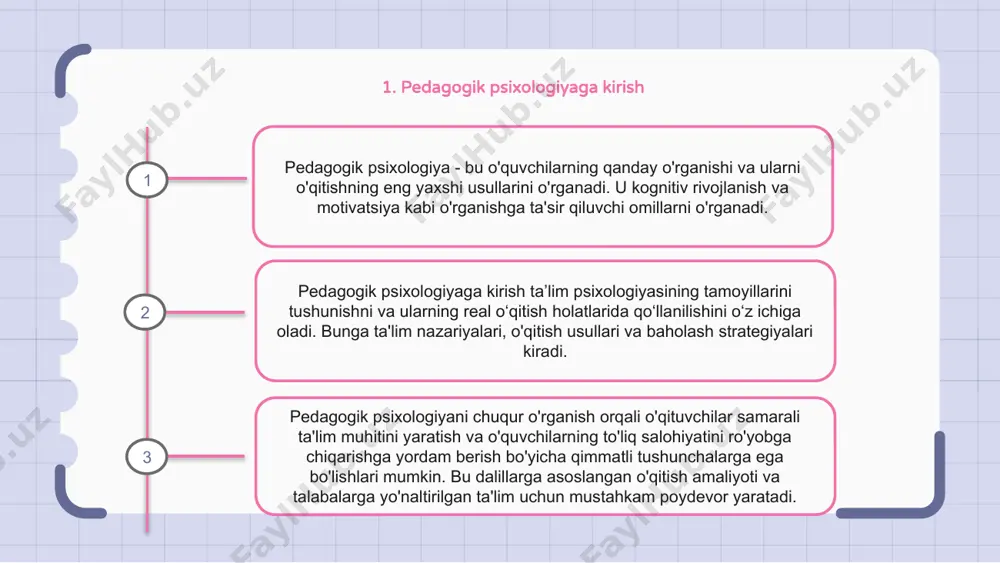imotor, operatsiyadan oldingi, aniq operatsion va rasmiy operatsion fikrlash bosqichlaridan o'tadilar. vygotskiyning ijtimoiy-madaniy nazariyasi bolaning kognitiv rivojlanishini shakllantirishda ijtimoiy o'zaro ta'sir va madaniyatning rolini ta'kidlaydi. u proksimal rivojlanish zonasini taklif qildi, u erda bolalar tajribali yo'riqnoma yordamida ko'proq narsaga erisha oladilar. axborotni qayta ishlash nazariyasi ongni kodlash, saqlash va olish orqali axborotni qayta ishlovchi kompyuter sifatida qaraydi. bu shuni ko'rsatadiki, rivojlanish diqqat, xotira va muammolarni hal qilish qobiliyatlarini yaxshilash bilan ajralib turadi. 4. ta'limda ijtimoiy va hissiy ta'lim pedagogik psixologiya ta'limda ijtimoiy va hissiy ta'limni kuchaytirishga qaratilgan. bu jihat his-tuyg'ularni tushunish va boshqarish, hamdardlik va ijobiy munosabatlar o'rnatishga urg'u beradi. talabalar maktabda va hayotda muvaffaqiyatga erishish uchun zarur bo'lgan ko'nikmalarni rivojlantirish orqali seldan foyda olishadi. ular samarali muloqot qilishni, munosabatlarni boshqarishni va mas'uliyatli qarorlar qabul qilishni o'rganadilar. o'qituvchilar sel amaliyotlarini sinfda amalga oshirishda hal qiluvchi rol o'ynaydi. ular qo'llab-quvvatlovchi muhitni yaratadilar va hissiy intellekt va ijobiy ijtimoiy o'zaro munosabatlarni rivojlantiruvchi …