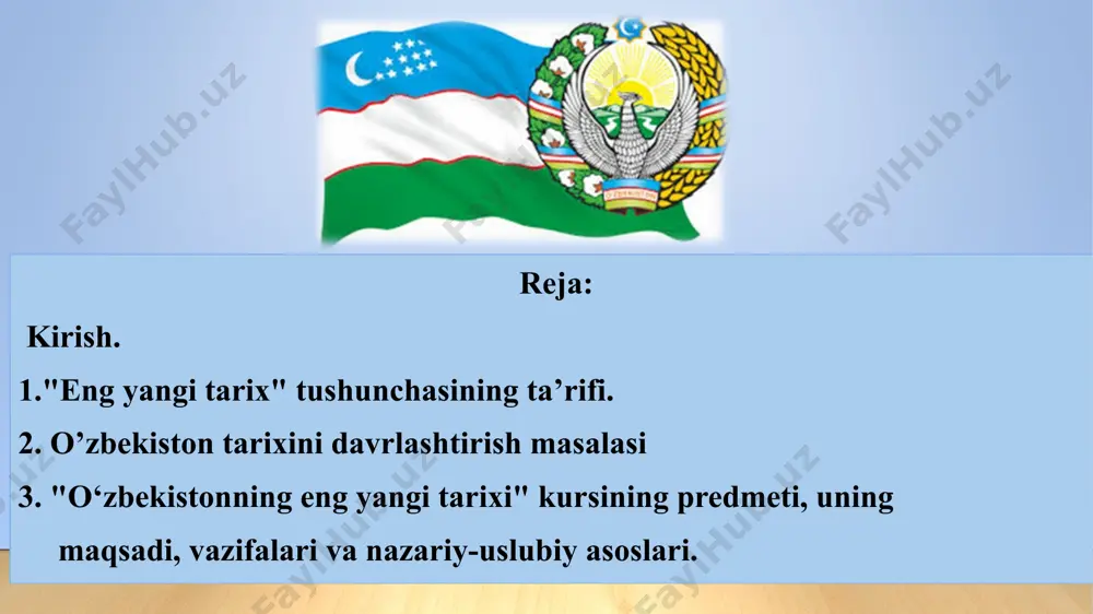 oyon qilishi uchun zarur sharoitlar yaratishdan iborat. o’zbekiston respublikasi prezidenti shavkat mirziyoyevning bmt bosh assambleyasining 72-sessiyasida so’zlagan nutqidan 2017−2021 yillarda o’zbekistonni rivojlantirishninh beshta ustuvor yonalishi bo’yicha harakatlar strategiyasi davlat va jamiyat qurilishi tizimini takomillashtirishning ustuvor yonalishlari iqtisodiyotni rivojlantirish va liberallashtirishning ustuvor yonalishlari qonun ustuvorligini ta’minlash va sud-huquq tizizmini yanada isloh qilishning ystuvor yonalishlari ijtimoiy sohani rivojlantirishning ustuvor yonalishlari xavfsizlik, millatlararo totuvlik va diniy bag’rikenglikni ta’minlash hamda chuqur o’ylangan, o’zaro manfaatli va amaliy tashqi siyosat sohasidagi ustuvor yonalishlar bugungi kunda o’zbekiston tarixini davrlashtirish masalasida tarixchi olimlar quyidagi yettita asosiy davrni taklif qiladilar: 1. ibtidoiy to’da davri 1 mln. - 40 ming yilliklar orasi 2. urug’chilik jamoasi va mulk egaligining shakllanishi davri 40 ming yillikdan - milodiy iii-iv asrlargacha 3. ilk o’rta asrlar davri milodiy iii-iv asrlardan to ix asr boshlarigacha 4. o’rta asrlar davri ix asr boshlaridan to xix asrning o’rtalarigacha 5. mustamlakachilik va milliy uyg’onish davri xix asr o’rtalaridan - …