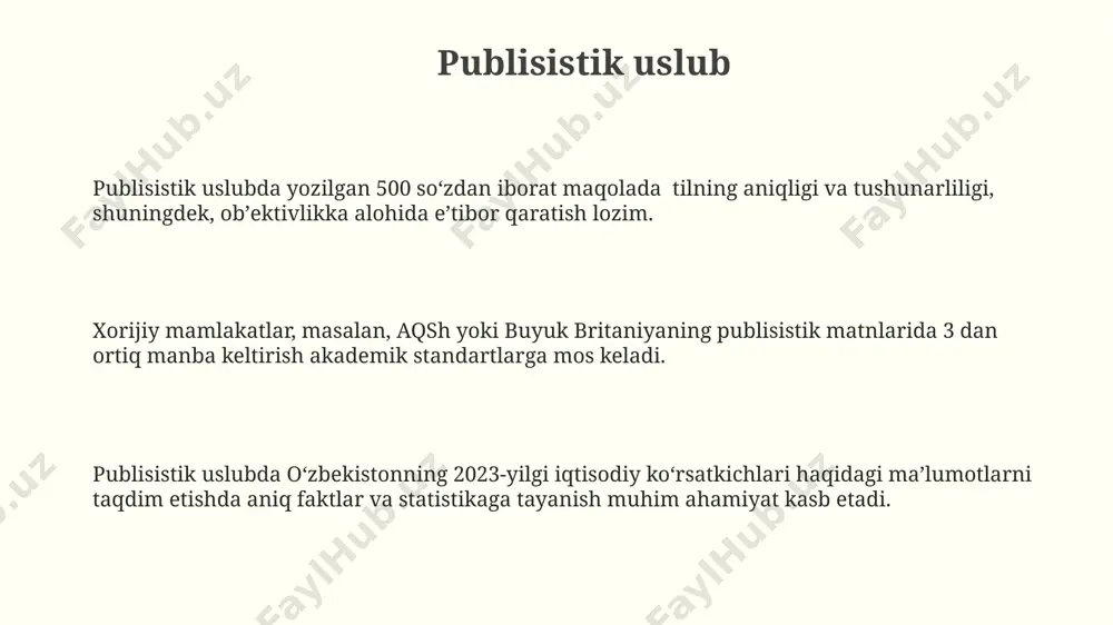 akllari haqida 100 dan ortiq ilmiy maqola, jumladan, 3 ta monografiya buxoro va xiva shaharlaridagi kutubxonalarda saqlanadi. satirik uslub o‘zbek adabiyotida, ayniqsa, 20-asrning 2-yarmidan boshlab, satirik uslub ijtimoiy masalalarni fosh qilishda, xususan, toshkentdagi kundalik hayot voqealarini tasvirlashda samarali vosita bo‘lgan. satirik uslubda 18-asr fransuz yozuvchilari, masalan, volter va monteskyu asarlarida 2 ta asosiy usul – kinoya va hazil keng qo‘llanilgan. satira janrida yozilgan 3 ta hikoyada, masalan, qahramonlarning harakatlari orqali 19-asr angliya jamiyatidagi ijtimoiy adolatsizliklar qoralangan. norasmiy uslub норасмий услубдаги нутқда, хусусан, самарқанд вилоятидаги қишлоқ жойлардаги мулоқотда, 30% га яқин диалект сўзлар ва иборалар ишлатилиши мумкин. норасмий услубда 20 дан ортиқ сўз туркуми, жумладан, ҳис-туйғуларни ифодаловчи 5 тадан ортиқ феъл ва сифатлар кенг қўлланилади, бу эса тошкент шаҳридаги ёшларнинг мулоқотида аниқ кузатилади. норасмий услубдаги мактубларда 10 дан ортиқ қисқартирилган сўзлар ва эмодзилардан фойдаланиш, айниқса, андижондаги ўсмирлар орасида кенг тарқалган. ironik uslub ironiya, jumlalar tuzilishida 2 xil mantiqqa asoslangan bo'lib, masalan, …