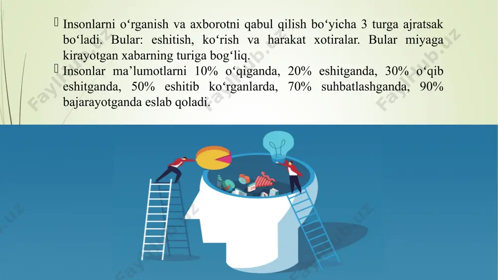- ixtiyorsiz {5c22544a-7ee6-4342-b048-85bdc9fd1c3a} emotsional, obrazli va so‘z mantiq ixtiyoriy xotira – shaxs oldindan maqsad qoʻygan holda ongli faoliyatini biror-bir ob'ektga yoʻnaltirib, ob'ekt haqidagi ma'lumotlarni bosh miyada saqlab turish. ixtiyorsiz xotira – oldindan maqsad qoʻyilmaydigan bizning irodamizdan tashqari guyo oʻz-oʻzidan sodir boʻladigan xotira turi. his-tuygʻu (emo t sional) xotirasi – voqelikdagi narsa va hodisalardan, oʻz-oʻzimizga boʻlgan munosabatlarimizdan kelib chiqadigan yoqimli hamda yoqimsiz kechinmalarni esda qoldirish va esga tushirishdan iborat xotira turi. obrazli xotira – yaqqol mazmunni , binobarin , narsa , hodisa-larning aniq obrazlarini , ularning xususiyatlari va bogʻlanishlarini esda qoldirish , ongda mustahkamlash hamda zaruriyat tugʻilganida esga tushirishdan iborat xotira turiga aytiladi soʻz-mantiq xotirasi – ma'lum gʻoyalar, fikrlar, hamda ular oʻrtasidagi mantiqiy bogʻlanishlarni esda qoldirish, mustahkamlash va zarur paytlarda esga tushirishdan iborat boʻlgan xotira turi. xotira davomiyligiga koʻra {5c22544a-7ee6-4342-b048-85bdc9fd1c3a} qisqa muddatli , uzoq muddatli va operativ turlariga ajratiladi . qisqa muddatli xotira – bir marta, shuningdek, qisqa vaqt oraligʻida idrok …