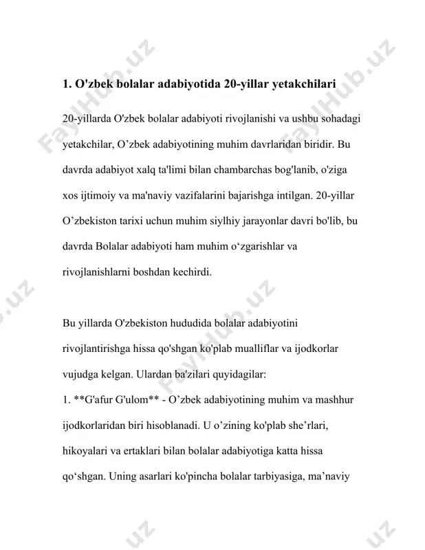 oti shakllanish, rivojlanish va mazmun jihatidan boyib bordi. 1. **tarbiyaviy va ma’rifiy mavzular**: 20-yillarda bolalar adabiyotida tarbiyaviy mavzular alohida o‘rin egalladi. shoirlar va yozuvchilar bolalarga yaxshi xulq-atvor, ota-onaga, kattalarga hurmat, mehnatsevarlik kabi qadriyatlarni singdirishga intildilar. ushbu mavzular bolalarni jamiyatning foydali a'zolari sifatida tarbiyalashni maqsad qilgan. 2. **vatanparvarlik va milliy ong**: bu davrda vatanparvarlik, milliy ongni rivojlantirishga yo‘naltirilgan asarlar ko‘paydi. bolalarga o‘zbekistonning tarixiy merosi, qadriyatlari, milliy urf-odatlarni o‘rgatuvchi asarlar muhim o‘rin tutdi. vatan sevgisi, milliy identitetni shakllantirish bolalar adabiyotining asosiy vazifalaridan birovi sifatida qaraldi. 3. **ilm-fan va texnika yutuqlari**: 20-yillarning bolalar adabiyotida ilm-fan va texnikaning rivojlanishi bilan bog‘liq mavzular ham o‘rin oldi. o‘quvchilarga zamonaviy texnika yutuqlarini, ilm-fan yangiliklarini sodda va qiziqarli uslubda yetkazish maqsad qilindi. bolalarda fanga qiziqish uyg‘otish, bilimdonlikka intilishni shakllantirishga intilindi. 4. **tabiatga mehr-muhabbat**: bolalarni tabiatni sevishga, uni asrab-avaylashga, ekologik ongni rivojlantirishga yo‘naltirilgan asarlar ham muhim mavzulardan biri edi. bu asarlar orqali bolalarda tabiatga mehr, hayvonot va o‘simliklar dunyosiga …
