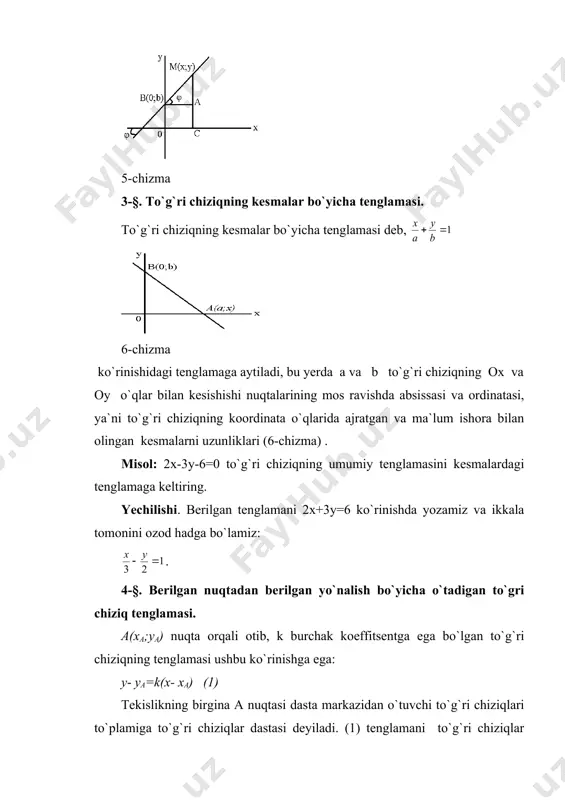 esishishadi. 7-§ ikkita to`g`ri chiziqning perpendikulyarlik sharti. burchak koeffitsentlari mos ravishda k1 va k2 bo`lgan ikkita to`g`ri chiziqning perpendikulyarlik sharti k1∙k2+1=0 yoki munosabatning bajarilishidan iborat, ya`ni bu to`g`ri chiziqlarning burchak koeffitsentlari va ishoralari bo`yicha qarama-qarshidir. misol: a(-4;3) nuqtadan o`tuvchi va 2x-3y-4=0 to`g`ri chiziqqa perpendikulyar bo`lgan to`g`ri chiziqning tenglamasi tuzilsin. yechilishi. berilgan to`g`ri chiziqning burchak koeffitsenti . izlanayotgan to`g`ri chiziq berilgan to`g`ri chiziqqa perpendikulyar, shu sababli uningburchak koeffitsenti . berilgan nuqtadan o`tuvchi berilgan burchak koeffitsentli to`g`ri chiziqning tenglamasidan foydalanib, izlanayotgan to`g`ri chiziqning tenglamasini hosil qilamiz: y-ya=k2(x-xa) yoki bu yerdan 3x+2y+6=0 8-§. ikkita to`g`ri chiziq orasidagi burchak . ikkita to`g`ri chiziq orasidagi burchak deyilganda ularning kesishishidan hosil bo`lgan qo`shni burchaklardan biri tushuniladi 7-chizma burchak koeffitsentlari mos ravishda k1 va k2 bo`lgan to`g`ri chiziqlar orasidagi burchak y ning tangensi (1) formula bo`yicha hisoblanadi, bunda “plyus ” ishora o`tkir φ burchakka, “minus” ishora esa o`tmas burchakka mos keladi. agar to`g`ri chiziqlardan hech bo`lmaganda biri …