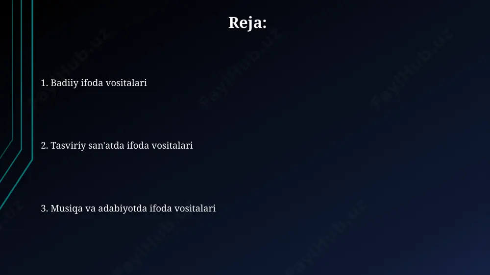 1 sm ga 5 ta nuqta) kompozitsiyaning ritmini va dinamikasini aniqlaydi, hissiy zo'riqishni kuchaytiradi. chiziqning qalinligi va yupqaligi, 2d yoki 3d fazoviy xususiyatlarini ifodalashda, 1 dan 10 gacha bo'lgan o'lchovlar bilan ifodalanadi, obrazning chuqurligini va his-tuyg'ularini aks ettiradi. dinamika va ritm dinamika va ritm, asosan 3 ta asosiy element – tezlik, kuch va intensivlik – orqali ifodalanadi, bu esa san’at asarida 1 dan 5 gacha boʻlgan shkalada oʻlchanishi mumkin. ritmik takrorlanishlar va ularning oʻzgarishi, masalan, 4/4 va 3/4 taktlarning almashinuvi, musiqa yoki rasmda kuchli dinamik ta’sir yaratadi. dinamika va ritmning uygʻunligi yoki ziddiyatliligi, 2 ga yaqin va uzoq davom etadigan pauzalar kabi vositalar orqali his-tuygʻularni yanada aniqroq ifodalashga yordam beradi. perspektiva va chuqurlik perspektivada 1 nuqtadan chizilgan manzara 3 o'lchovli fazo illyuziyasini yaratadi, ob'ektlarning kattaligi va joylashuvi chuqurlikni ifodalashda muhim rol o'ynaydi. lineer perspektivada 2 yoki undan ortiq qochish nuqtalaridan foydalanib, murakkab va dinamik kompozitsiyalar yaratish mumkin, bu esa chuqurlik …