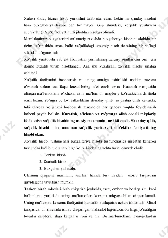 a-tilishi – bu tezkor hisobning asosiy xususiyati. statistik hisob yoki statistika esa iqtisodiyot, madaniyat, ta’lim va boshqa sohalarda ommaviy tusdagi hodisalarni o’rganadi. korxonalarda statistik hisob ishlab chiqarilgan mahsulot, ishchi kuchi va boshqalar haqidagi ma’lumotlarni ham natura, ham qiymat ko’rinishida to’playdi. statistika kuzatish va ro’yxatga olish usullaridan foydalanib, ma’lumotlarni tezkor hamda buxgalteriya hisobi yorda-mida oladi. тezkor hamda statistik hisobdan farqli ravishda buxgalteriya hisobi xo’ja-lik yurituvchi sub’ektlar faoliyatini · hujjatlar yordamida, · uzluksiz, · yoppasiga, · o’zaro bog’liqlikda, · pul birliklarida aks ettiruvchi hisob turidir. yoppasiga aks ettirish shuni anglatadiki, buxgalteriyada barcha mulk turlari, tovar-moddiy zahiralar, pul mablag’lari, barcha xo’jalik muomalalari, bir so’z bilan aytganda, xo’jalik faoliyati bilan bog’liq barcha ob’ektlar hisobga olinadi. uzluksizlik esa xo’jalikdagi barcha jarayon, o’zgarishlarni doimiy ravishda kuzatib, hujjatlarga yozib borishni talab etadi. o’zaro bog’liqlik esa buxgalteriya hisobida aks ettirilgan voqealarning o’zaro uzviy bog’liq holda aks ettirilishi bilan belgilanadi. masalan, xodimlarga ish haqi berilganda faqatgina kassadagi pul kamayibgina …