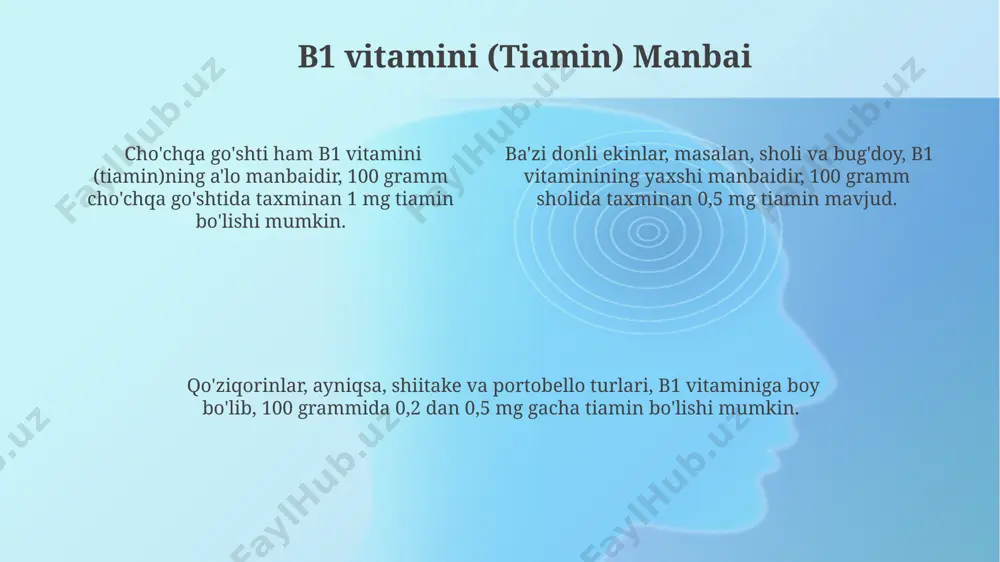 b12 vitamini saqlaydi. xavfsizlik va ehtiyot choralari homilador va emizikli ayollar, shuningdek, 12 yoshgacha bo'lgan bolalar o'simlik preparatlarini faqat shifokor maslahati bilan qabul qilishlari kerak. preparatning dozasi va davolash kursiga rioya qilish juda muhim, chunki ortiqcha dozasi noxush yon ta'sirlarga, jumladan, 5% hollarda qusish va diareyaga olib kelishi mumkin. ba'zi o'simliklar allergik reaksiyalarni, masalan, terining qichishishi va shishishini, 10% hollarda esa nafas olish qiyinlishuvini keltirib chiqarishi mumkin. b9 vitamini (folat) manbai sarimsoq (allium sativum) tarkibida folatning nisbatan past konsentrasiyasi bo'lsa-da, uning tarkibidagi boshqa foydali moddalar bilan birgalikda yurak-qon tomir salomatligini qo'llab-quvvatlaydi. no'xat (pisum sativum) va loviya (phaseolus vulgaris) kabi dukkakli o'simliklar b9 vitamini (folat) ning ajoyib manbaidir, 100 grammida 50-100 mkg gacha bo'lishi mumkin. ismaloq (spinacia oleracea) barglarida 100 grammiga 194 mkg ga yaqin folat mavjud bo'lib, bu kunlik ehtiyojning 20% dan ortig'ini qoplaydi. o'simliklarda vitaminlar miqdorini oshirish to'g'ri sug'orish rejimi o'simliklarning vitaminlar hosil qilish qobiliyatiga ijobiy ta'sir ko'rsatadi. yetarli …