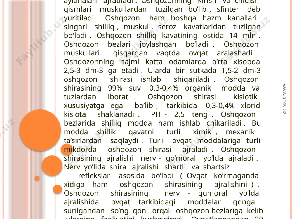 etadi. noto’g’ri ovqatlanish, ovqatlanish gigienasining buzilishi, issiq sharoit og’rik bolalarda ovqat xazm qilish organlarining yomon ishlashiga olib keladi. bolalar ovqat xazm qilish sistemasining xarakterli belgisi: shilliq qavati nozik, qon va limfa nomirlariga boy, elastikligi sust. bu esa oshqozon- ichak traktining tez yallig’lanishiga va kasallikning ogir kechishiga sabab bo’ladi. bundan tashqari ichak devorlari yuqori o’tkazuvchanlik xususiyagiga ega. bu esa mikroblarning ichak devorlaridan bemalol o’tishini ta’minlaydi. bolalarda oshqozon shirasida kislotalik kam bo’ladi, fermentlar kam hazm qilish xususiyatiga ega. buning natijasida ovqat yaxshi parchalanmaydi va zaxarli moddalarning hosil bo’lishiga olib keladi. jigarning etarli rivojlanmaganligi ham bolalarda oshqozon – ichak kasalliklarini keltirib chiqaradi. www.arxiv.uz www.arxiv.uz organizmda moddalar almashinuvi. odam tashki muxitdan ovqat kabul qilish organizmda uni o’zgarishi, hazm qilishini, xosil bo’lgan qoldiq moddalarning tashqariga chiqarilishi moddalar almashinuvi deyiladi. moddalar almashinuvi natijasida energiya xosil bo’ladi. bu energiya hisobiga organlar ish bajaradi, hujayralar ko’paydi, yosh organizm o’sadi va rivojlanadi, tana haroratining doimiyligi ta’minlanadi. moddalar almashinuvchi bir …