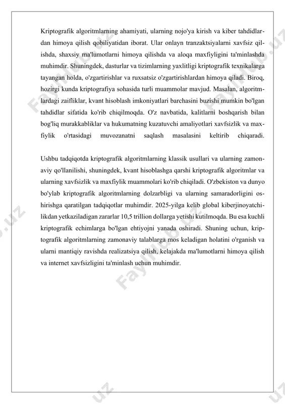 asosiy tushunchalar sifatida xizmat qiladi. shuningdek, klassik usullarni o‘rganish zamonaviy kriptografik algoritmlarning asosiy printsiplarini tushunishga yordam beradi. bugungi kunda, klassik usullarni zamonaviy algoritmlarda qo‘llash, masalan, aes (advanced encryption standard) va rsa (rivest-shamir-adleman) kabi asimmetrik shifrlash usullari bilan birgalikda amalga oshiriladi. shuningdek, bu usullar kiberxavfsizlik sohasida shifrlash va autentifikatsiya jarayonlarida ham qo‘llaniladi, masalan, https protokoli orqali ma’lumotlarni uzatishda. klassik kriptografiya usullari, shuningdek, ta’limda ham muhim rol o‘ynaydi. o‘quv muassasalarida talabalar uchun kriptografiyani o‘rganishda, bu usullar orqali matematik va mantiqiy fikrlash ko‘nikmalarini rivojlantirishga yordam beradi. o‘quv dasturlarida klassik usullarni o‘rganish, talabalarni zamonaviy kriptografik algoritmlarga tayyorlashda muhim ahamiyatga ega. xulosa qilib aytganda, klassik kriptografiya usullari, ularning oddiyligi va zamonaviy qo‘llanilishi bilan birga, kriptografiya sohasidagi rivojlanishning muhim asoslarini tashkil etadi. ular zamonaviy algoritmlarning nazariy asoslarini tushunishga va tajribaning ko‘p jihatlarida qo‘llashga yordam beradi. yana, bu usullar kiberxavfsizlikka oid yangiliklar va tadqiqotlar uchun muhim manba hisoblanadi. ii. quantum hisoblashga qarshi kriptografik algoritmlar quantum hisoblashga qarshi …
