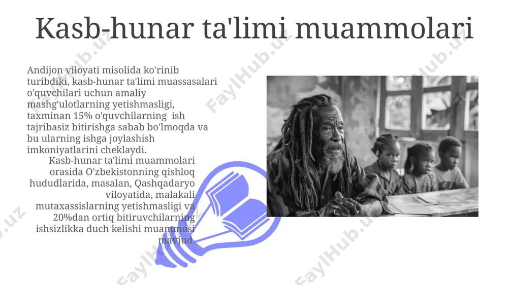 aning 20 dan ortiq mamlakatida o'qituvchilarning 60% dan ortig'i tegishli malakaga ega emas, bu esa ta'lim sifatiga salbiy ta'sir ko'rsatadi va o'quvchilarning bilim darajasini pasaytiradi. kam ta'minlangan oilalarning ta'limga kirishi kam ta'minlangan oilalarning 30% dan ortig'i, ayniqsa, nigeriya shimolidagi qishloq joylarda, maktabgacha ta'limdan mahrum bo'lib, bu keyinchalik ta'limdagi ortda qolishga olib keladi. keniyada, kam ta'minlangan oilalarning bolalari uchun maktab kiyim-kechak va o'quv materiallari xarajatlari 20% ga yaqin oilalarni maktabga borishdan to'xtatadi. ta'limda tengsizlik ta'lim sifatida farqlar mavjud bo'lib, o'qituvchilarning malakasi va darsliklarning sifati mintaqalar bo'yicha farq qiladi; nigeriyada o'qituvchilarning 40% dan ortig'i tegishli malakaga ega emas. resurslarning notekis taqsimoti tufayli, shaharlardagi maktablar qishloqdagilarga nisbatan ancha yaxshi jihozlangan, masalan, keniyadagi 10 ta qishloq maktabidan 7 tasida kutubxona yo'q. ta'lim tizimidagi korruptsiya 01 02 afrika mamlakatlaridagi ta’lim tizimining korruptsiyasi, masalan, nigeriyada, o’qituvchilarning 30% dan ortig’i o’z ish joylarida pora olish bilan shug’ullanishi natijasida o’quvchilarning ta’lim sifatiga salbiy ta’sir ko’rsatadi. sales 1st qtr …