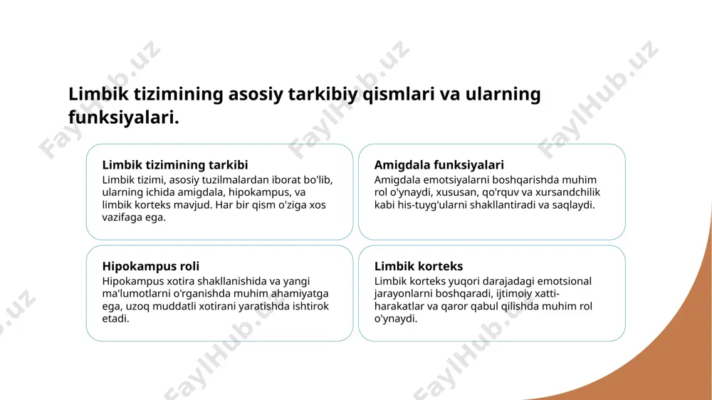 odamlarning ijtimoiy va hissiy hayotida muhim rol o'ynaydi, hayvonlarda esa asosiy hayotiy faoliyatlarga qaratilgan. odamlar va hayvonlar o'rtasidagi limbik tizimning evolyutsion farqlari, insonning mantiqiy fikrlash qobiliyatini rivojlantirishda ko'zga tashlanadi. emotsional funktsiyalar: limbik tizimning inson rivojlanishidagi roli. 1 emotsional rivojlanish limbik tizim insonning emotsional rivojlanishida muhim rol o'ynaydi, bu esa ijtimoiy muloqot va boshqaruvni yaxshilaydi. 2 stressga javob limbik tizim stressga javob berishda muhim ahamiyatga ega, bu esa insonlarning xavf va tahdidlarga nisbatan reaksiyalarini boshqaradi. 3 xotira va o'zlik emotsiyalar xotira jarayonlariga ta'sir qiladi, bu esa shaxsiy tajribalarimizni shakllantirib, o'zlikni rivojlantirishga yordam beradi. limbik tizim va xotira: evolyutsion kontekstda o'zaro munosabatlar. 1 limbik tizimning roli limbik tizim, his-tuyg'ular va xotiralarni boshqarishdan mas'ul bo'lib, evolyutsion jarayonda muhim rol o'ynaydi, odamlarning hayotiy faoliyatini ta'minlaydi. 2 hissiy xotira hissiy xotira limbik tizimda shakllanadi, bu esa odamlarning muhim voqealarni eslashida kuchli his-tuyg'ular bilan bog'langanligini ko'rsatadi. 3 evolyutsion munosabatlar limbik tizim va xotira evolyutsion rivojlanishda birga …