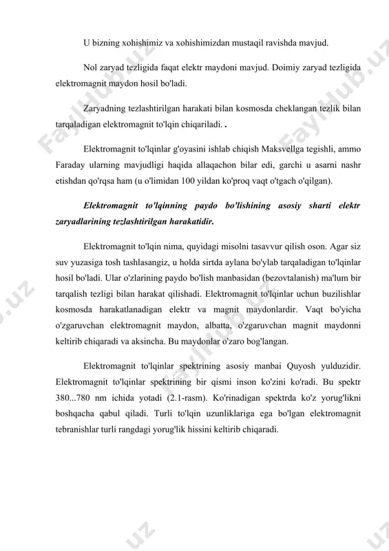 io to'lqinlari vladivostokga 1/30 sekunddan kamroq vaqt ichida etib boradi va bu vaqt ichida ovoz faqat 10-gacha tarqalishga ulgurardi. 11 m. radioto'lqinlar nafaqat havoda, balki yo'q joylarda, masalan, kosmosda ham tarqaladi. bunda ular bir-biridan farq qiladi tovush to'lqinlari, buning uchun havo yoki boshqa zich muhit, masalan, suv juda zarur. 2. dipolning nurlanishi dipol (di... va yun. polos — qutb) 1) elektr d. — bir-biridan masofada joylashgan miqdor jihatdan oʻzaro teng va turli ishorali ikki nuqtaviy zaryad +q va —q dan tashkil topgan sistema. tashqi elektrostatik maydon taʼsiri boʻlmagan holda, molekula tarkibidagi musbat va manfiy zaryadlarning ogʻirlik markazlari bir-biriga nisbatan maʼlum masofaga siljigan boʻlsa, bunday molekulaga elektr d. deb qarash mumkin. bu esa tashqi elektr maydonga joylashtirilgan dielektriklarda sodir boʻlayotgan fizik jarayonlarni tushunishda katta qulayliklar yaratadi; 2) magnit d. — aylanma tokka va magnit xususiyatiga ega boʻlgan jism. maʼlumki, har qanday jism atomlardan tashkil topgan. atomlar tarkibidagi elektronlar yopiq orbita boʻyicha …