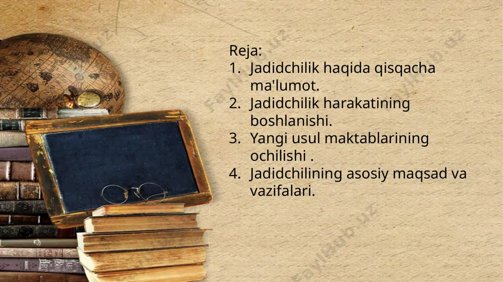 illari bu harakatni ma’qullab ularga mablag’ bilan ko’maklashishadi.ko’pgina yoshlar germaniya,misr,turkiya va rossiyaning markaziy shaharlariga o’qishga yuboriladi. jadidchilikning asosiy maqsad va vazifalari jadidchilik turkistonda madaniy-marifiy harakat sifatida rivojlandi va aosiy maqsadi milliy hayotni zamonaviylashtirishga qaratildi.bu jumlada quyidagilarni anglatadi; -xalq ta’limini isloh qilish; -adabiyotni rivojlantirish; -islom aqidaparastligi ba mutassiblikni rad etish; -zamonaviy teatr va dramatirgiyani yaratish; -tarix fanini rivojlantirish va o’zbek xalqining yangi tarixini yozish. ommaga taqdim etilgan gazeta va jurnallar. «taraqqiy» «shuxrat» «xurshid» «sadoi farg’ona» «sadoi turkiston» «samarqand» «oyina» « turon» «buxoroi sharif» sovet davrida yozilgan adabiyotlarda jadidchilikka «burjua-liberal»ya’ni millatchilik harakati deb ta’rif berilgan.bu davrda asosan tanqid qilingan jadidchilik namoyondalari nomi ssr parchalanib ketganidan keyin qayta tiklanadi. e'tiboringiz uchun raxmat >.< image2.jpeg image3.jpeg image4.jpeg image5.jpeg image6.jpeg image7.jpeg image8.jpeg image9.jpeg image10.jpeg image11.jpeg image12.jpeg image13.jpeg image1.jpg /docprops/thumbnail.jpeg