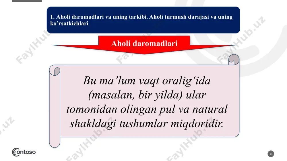 a. 18 turmush tarzi quyidagilarda namoyon bo’ladi: mehnat, uni tashkil etishning ijtimoiy shakllari; - turmush va bo’sh vaqtdan foydalanish shakllari; - siyosiy va ijtimoiy hayotda ishtirok etish; - moddiy va ma’naviy ehtiyojlarni qondirish shakllari; - kishilarning kundalik hayotdagi xulq-atvori me’yorlari va qoidalar 19 daromadlar tengsizligini keltirib chiqaruvchi umumiy omillar kishilarning umumiy (jismoniy, aqliy va estetik) layoqatidagi farqlar; ta’lim darajasi va malakaviy tayyorgarlik darajasidagi farqlar; tadbirkorlik mahorati va tahlikaga tayyorgarlik darajasidagi farqlar; ishlab chiqaruvchilarning bozorda narxlarni o‘rnatishga layoqatliligi (bozordagi hukmronlik darajasidan kelib chiqib) darajasidagi farqlar. 20 daromadlar tengsizligini aniqlash usullari lorens egri chizig’i mamlakatlar va aholi turli qatlamlari o’rtasida daromadlar tengsizligi miqdorini aniqlash uchun lorens egri chizig’idan foydalaniladi. uning yotiq chizig’ida “oilalar ulushi”, tik chizig’ida “daromadlar ulushi” joylashtiriladi. daromadlarning mutloq teng taqsimlanish imkoniyatini xarakterlovchi va haqiqatda oilalar ulushiga daromadlar taqsimotining real darajasini ko’rsatuvchi ma’lumotlar grafikda joylashtirilib, daromadalr tengsizligi darajasi miqdoriy aks ettiriladi ( 1 -jadval) (1-rasm). oila hissasi daromadlar ulushi mutlaq …