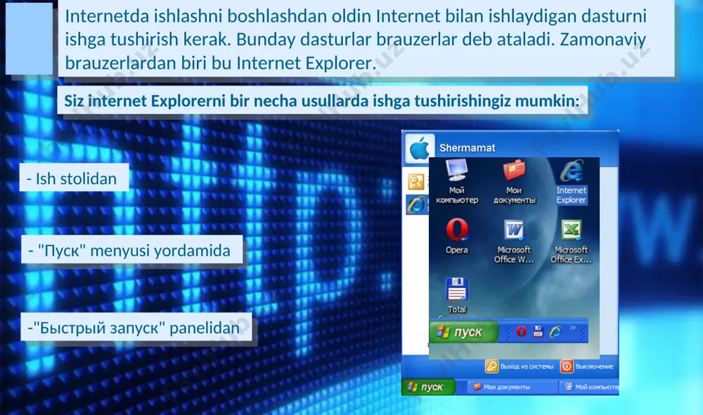 рнал yordamchi tugmalar satridan keyingi qatorda “adres” satri joylashgan. bu satrda biz kerakli web-sayt adresini yozib enter tugmasini bosamiz va natijada kompyuter ekranida shu adresga tegishli web-sahifa paydo buladi. menyu satridan keyingi satrda yordamchi tugmalar satri mavjud. bu satrdagi tugmalar yordamida siz har xil amallarni bajarishingiz mumkin. internet qidiruv sistemalari internetda juda ham ko’p ma’lumot bazalari bor va ular kundan kunga oshib boryapti. bulardan o’zimizga keragini eng oson tarzda qidirib topish uchun internet qidiruv sistemalaridan foydalanamiz. hozirda ba’zi bir qidiruv sistemalari eng zamonaviy ko’rinish dizayniga, tez izlab topish, qulay, oson, tushunarli va keng qamrovli xususiyatlarga ham ega. internetda juda ham ko’p ma’lumot bazalari bor va ular kundan kunga oshib boryapti. bulardan o’zimizga keragini eng oson tarzda qidirib topish uchun internet qidiruv sistemalaridan foydalanamiz. hozirda ba’zi bir qidiruv sistemalari eng zamonaviy ko’rinish dizayniga, tez izlab topish, qulay, oson, tushunarli va keng qamrovli xususiyatlarga ham ega. http://www.google.ru ajoyib qidiruv sistemalaridan biri www.google.ru …