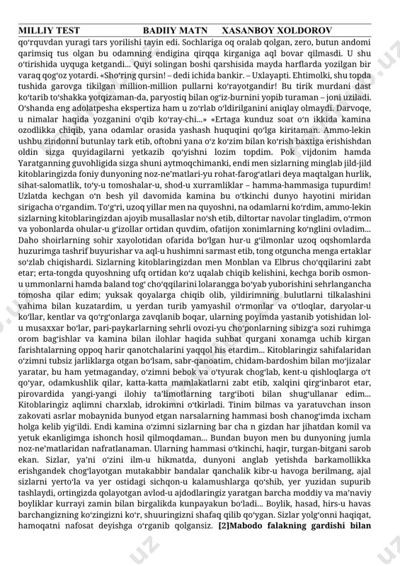 yovuz niyatimni amalga oshira olsam, – deya o‘yladi bank sohibi, – shubha daf’atan qorovulga tushadi». u zim-ziyo tun qorong‘ida pillapoyalarni bir-bir bosib tushib, asta dahlizga kirib bordi. so‘ng gugurt chaqib, chog‘roq yo‘lakka o‘tdi. u yer ham kimsasiz edi. yalang karavot hamda cho‘yan pechkadan bo‘lak hech vaqo yo‘q edi. to‘g‘ridagi eshik qulflog‘ bo‘lib, surg‘ich bilan muhrlab qo‘yilgandi. gugurt cho‘pi yonib tugadi, keksa bankir hayajondan dag‘-dag‘ qaltirab, derazadan ichkariga mo‘raladi. xonani sham shu’lasi xira yoritib turar, huquqshunos bo‘lsa, stoldan bosh ko‘tarmay o‘tirar edi. bu yerdan uning yelkasi, orqasiga osilib tushgan sochi va uzun qo‘llarigina ko‘rinib turardi, xolos. stol ustida, uning ikki yonidagi oromkursilarda va gilamda kitoblar tartibsiz sochilib yotardi. oradan besh daqiqacha vaqt o‘tdi, biroq tutqun qimir etmayotgandi. o‘n besh yillik qamoq uni tosh qotib o‘tirishga o‘rgatib qo‘ygandi. bankir derazani chertdi, ammo tutqun bunga javoban loaqal qimirlab ham qo‘ymadi. shunda bankir qulfning ko‘zidagi muhrni avaylab buzib, kalitni teshikka tiqdi. zanglab yotgan qulf …