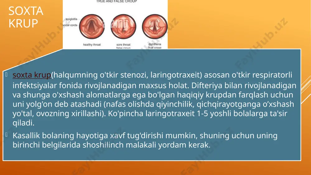 a boshlash to'g'ri davolash, kbb yoki pediatr bemorni to'liq tekshirishni belgilaydi. u bolaning gırtlaklarını tekshiradi, nafas olish yo'llarini tinglaydi. o'tkaziladigan tekshiruvlar: mikrolaringoskopiya; farenksdan bakposev moddasi; otoskopiya; o'pka va sinuslarning rentgenogrammasi; rinoskopiya; faringoskopiya; qon testlari (pcr va elishay, gaz tarkibi). bolalarda soxta krup hujumi paytida birinchi yordam tez yordam kelishidan oldin ota-onalar quyidagilarni qilishlari kerak: bolani tinchlantirishga harakat qiling, chunki yig'lash va haddan tashqari qo'zg'alish yo'talni kuchaytiradi. bolani yostiqqa yotqiz yuqori qismi tanasi ko'tarildi. bolaga iliq gidroksidi ichimlik (borjomi yoki 2% soda eritmasi bilan sut) bering - bu balg'amni suyultiradi va shilliq qavatlarni namlaydi. tuzli eritma bilan inhalatsiya yoki mineral suv. buning uchun nebulizer yaxshi ishlaydi. bola joylashgan xonada oynani oching, havoni namlagich bilan namlang yoki ho'l sochiqni osib qo'ying. sovuq nam havo stenoz darajasini pasaytiradi. siz bolani adyolga o'ralgan holda balkonga olib borishingiz mumkin. har qanday vazokonstriktor tomchilarini burun yo'llariga tomizing yoki nebulizer orqali eritma bilan nafas oling. siz chaqaloqqa …