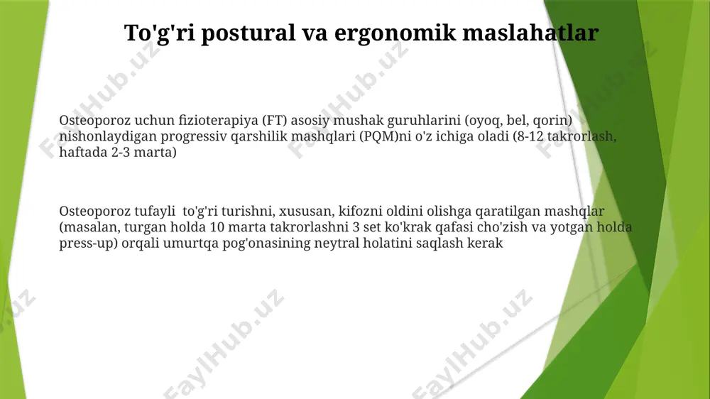 a tekshiruvlari (suyak mineral zichligi, t-ball, z-ball) ma'lum vaqt oralig'ida (masalan, 2 yilda bir marta) o'tkazilib, son, umurtqa pog'onasi (umurtqa sinishi) va bilakdagi sinish xavfini baholanadi bemorlarga samarali ma'lumot berishda yosh, jinsi, millati, oilaviy tarixi kabi xavf omillarini, dorilarning yon ta'sirini (masalan, bisfosfonatlarning jag' suyagining nekrozi) va real maqsadlarni belgilab olish muhim. fizioterapiya dasturlari bemorning imkoniyatlariga moslashtirilishi va natijalar kuzatib borilishi kerak image1.png
