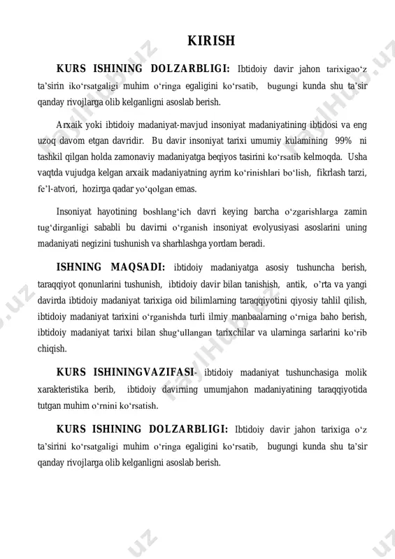 shan, ovqat esa qizitilgan toshlar yordamida yog’och tog’orachalarda pishirilgan.faqat keramika ixtiro qilingandan keyingina chinakam ovqat pishirish mumkin bo’lgan. ovqat eyish vaqtida kosa, tovoq, qoshiq, pichoq va cho’plar ishlatilgan. don maydalash- talqon qilish uchun toshdan yasalgan don yanchgichlar, yog’och o’g’irldar mavjud bo’lgan. ibtidoiy kiyim-boshning turlari juda xilma-xildir. uning yuzaga kelishi va rivojlanishi iqlim sharoitlariga bog’liq bo’lgan. hammadan aaval sovuq o’lkalarda kiyim-bosh paydo bo’lgan. fartuk, kamar (belbog’), plash, yupka erkak va ayollarning kiyim-boshining eng qadimgi elementlari deb hisoblanadi. engil kiyim va ishton keyinroq iaydo bo’lgan. tabiiy sharoitlarga qarab barglardan, teri, o’simlik tolasidan va yungdan kiyimlar tikilgan. kiyim-boshni suyak ninalar bilan tikishgan. yog’ochdan, pustloq-chiptadan, teridan, namat va yungdan qilipgan oyoq kiyimlari kiyim-boshga nisbatan keyinroq vujudga kelgan va hamma joyda birdan paydo bo’lavermagan. uy-joylar qurilishi, kiyim-bosh, oyoq kimiyi, uy-ro’zg’or anjomlari ishlab chiqarish xona kasblarining yog’och, daraxt po’stlog’i va teri ishlash, terilar tayyorlar va to’qish shaklida rivojlana borishi bilan bevosita bog’liqdir. avval boshda qayiqlar, chana, …