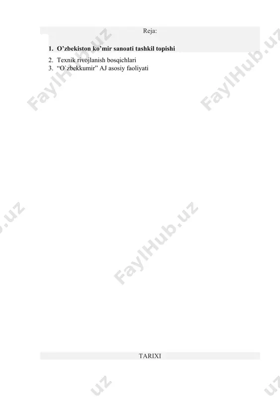 korxonasini bosqichma-bosqich davlat boshqaruvidan chiqarish va xususiylashtirish tartibi va mexanizmi tasdiqlangan. texnik rivojlanish bosqichlari ko’mir ochiq konini texnik qayta ta’minlash birinchi bosqichi 1954-1965 yillarga to’g’ri keladi. bu vaqtga kelib, birinchi mahalliy se-3 (uztm) ekskavatorlari va odimlovchi ekskavatorlardan foydalanilgan. ushbu davrda ekskavatorlar parki yangilandi: ochiq konga uzaytirilgan uskunali mexanik kuraklar kelib tushdi; ko’mirni yetkazib berish konveyer liniyalari yanada quvvatli kru-350, kru-300, kl-150, lku-250 konveyerlari bilan almashtirildi; yuqori unumdorli vto-2, ushvt-m, svb-2, sbsh-250 burg’ilash dastgohlari joriy qilindi. yangi ko’chirib tushiradigan xo’jalik tashkil qilindi, temir yo’l transportida bug’li yuk tortish mexanizmi elektrovoz bilan almashtirildi. texnik qayta ta’minlash ikkinchi bosqichi (1978-1990 yillar) ochiq konda ko’mir qazib olish hajmini 1.5-2 marta oshirilishini nazarda tutdi. ushbu davrda ekg-8i, ekg-12,5, ekg-15, ekg-4u yangi ekskavatorlari, yuk tortish agregatlari, katta yuk ortish quvvatiga ega yukni o’zi tushiruvchi vagonlar (dumpkarlar) tatbiq qilindi. bu 1990 yilda ko’mir qazib olish hajmini 5,77 mln tonnaga, kon ochish ishlari hajmini 50 mln.m3ga yetkazish imkonini …
